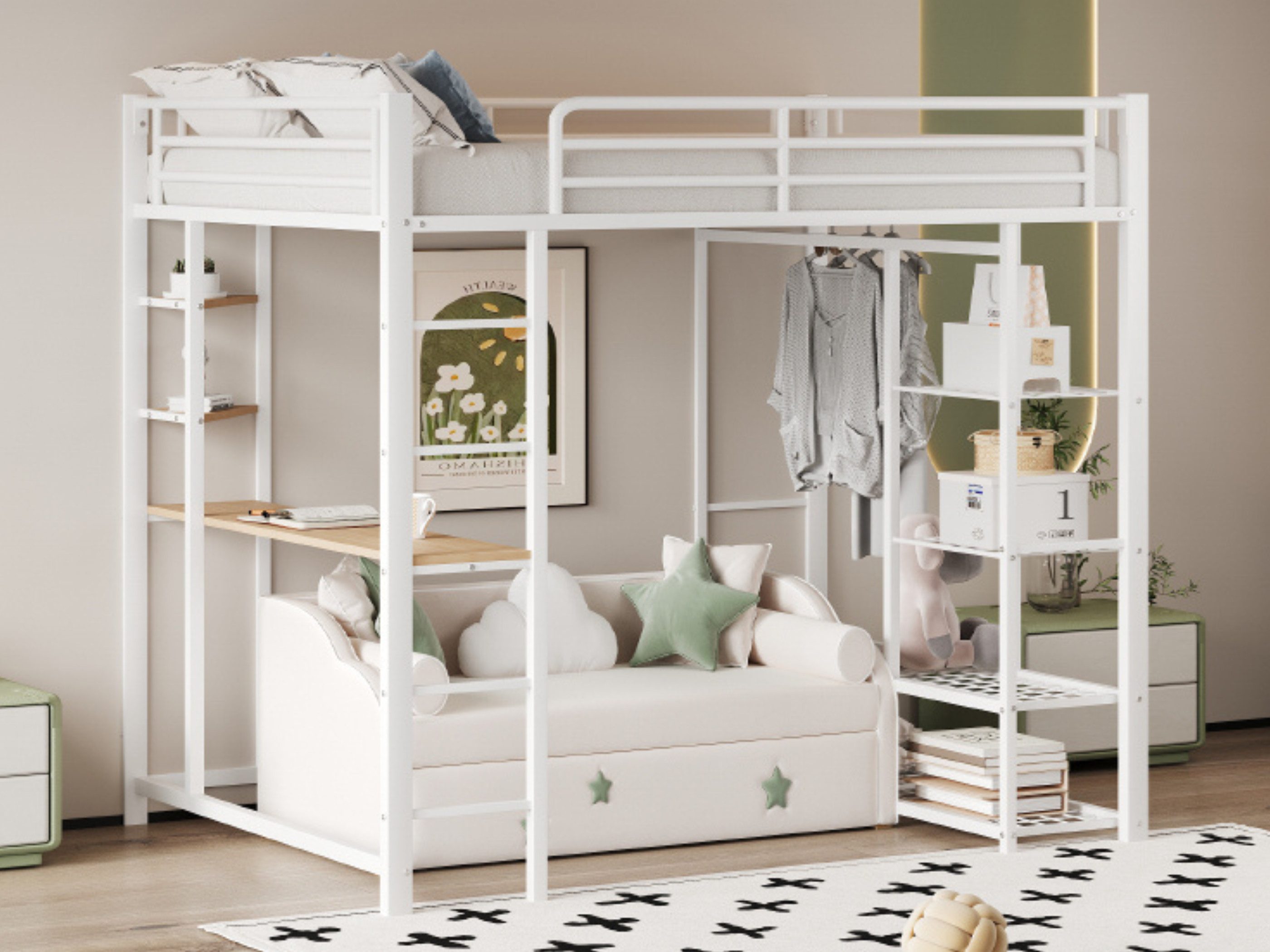 SeedWave Hochbett Metall-Hochbett mit Regal und Schreibtisch ...