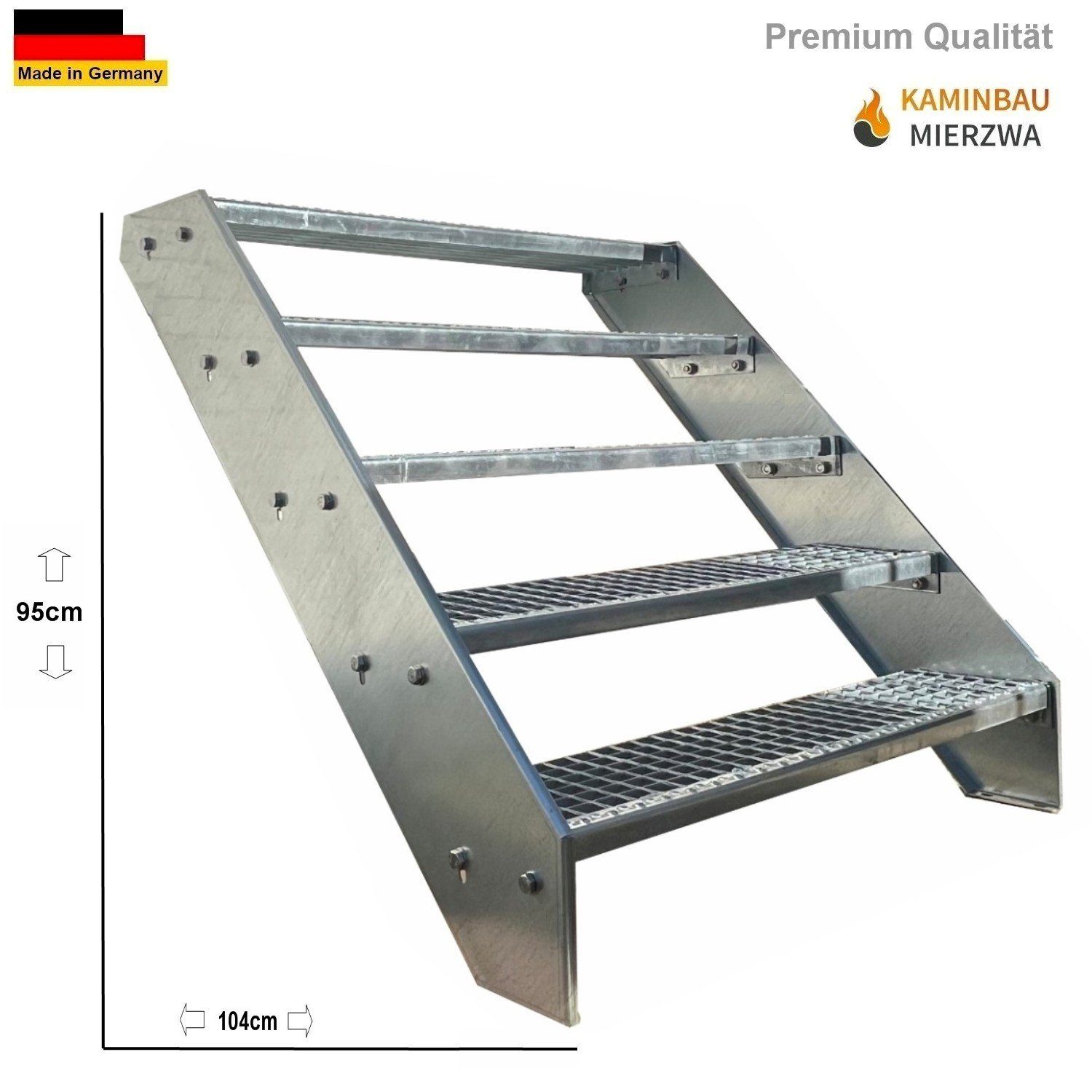 Kaminbau Mierzwa Außentreppe Premium Treppe Verzinkt mit und ohne Geländer, für Geschosshöhen bis 95.00 cm, Stufen Gitterroststufen nach DIN 24531, (Höhe 95 cm, Stufenbreite und Geländerart wählbar), Gartentreppe Stahltreppe Wetterfest Rostfrei Feuer-Verzinkt Rutschfest
