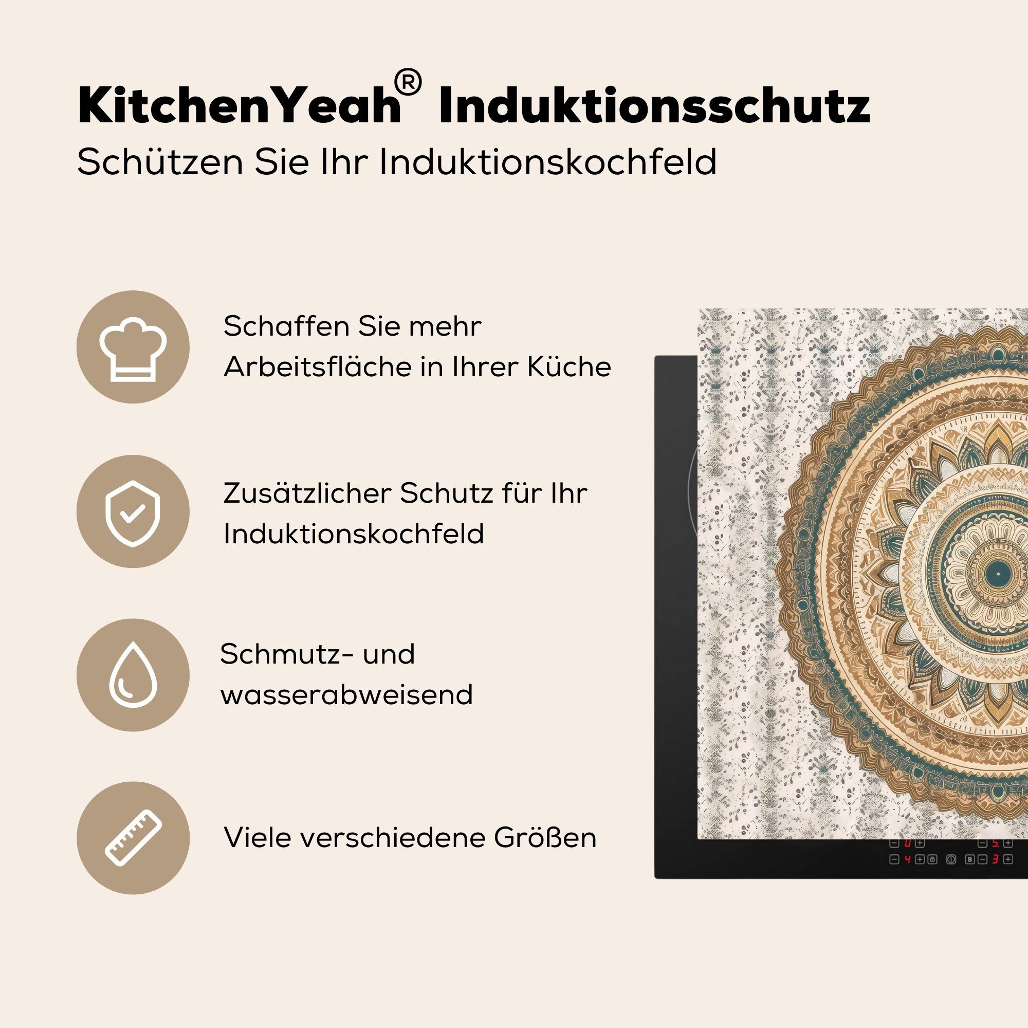 MuchoWow Herdblende-/Abdeckplatte Blumen - Mandala (1 Ceranfeldabdeckung nutzbar, - - Vinyl, Mobile cm, - 60x52 Braun Vintage Arbeitsfläche tlg), Hippie