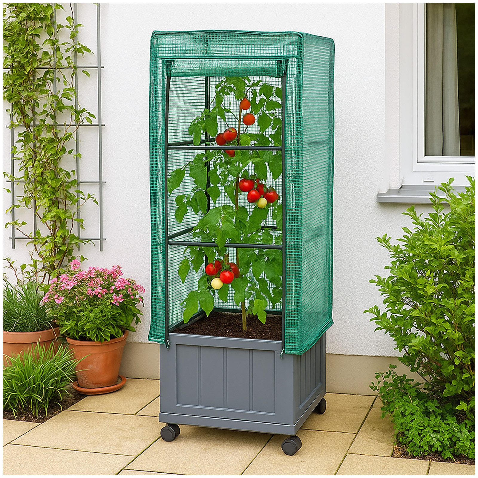 HTI-Living Gewächshaus Pflanzkübel mit Rankgitter und Folienabdeckung, Stück, 1 Pflanzkübel inklusive Rankgitter und Folienabdeckung, Gewächshaus Frühbeet mit Rollen für Balkon