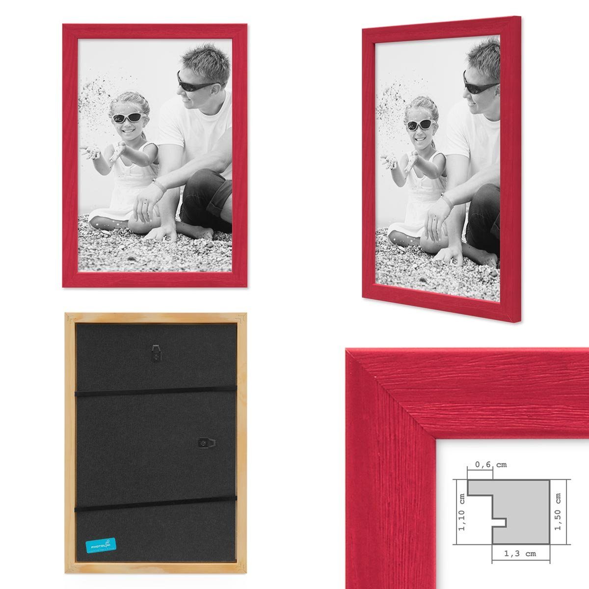 PHOTOLINI Bilderrahmen mit Passepartout Rot Massivholz-Rahmen 30x40 Set cm 6er 21x30 und