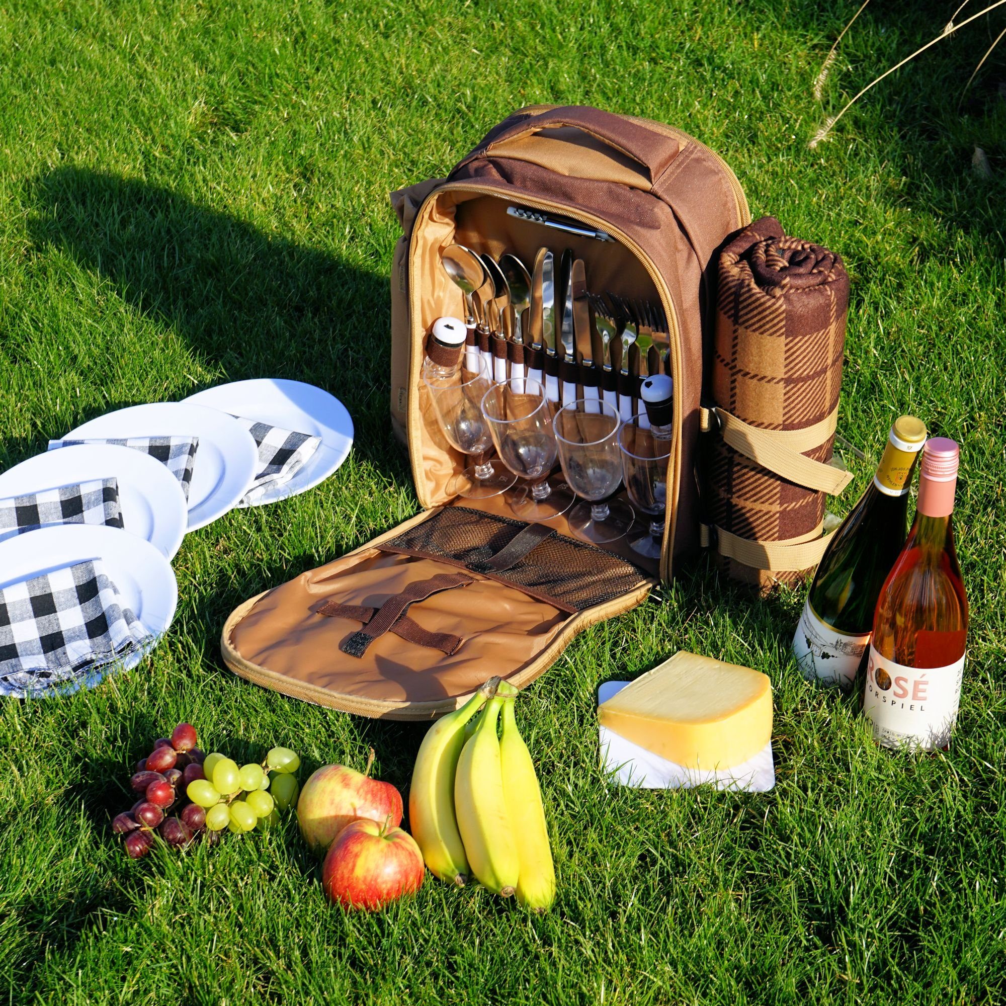 CampFeuer Freizeitrucksack Picknickrucksack für 4 Personen, Braun, leicht und wasserdicht (32-tlg., Picknickrucksack für 4 Personen)