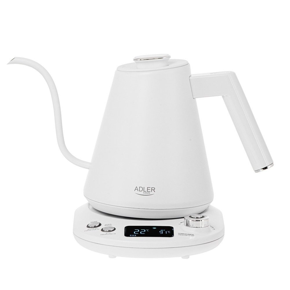 ADLER EUROPE Wasserkocher AD 1349 Schwanenhals Wasserkocher mit Temperatursteuerung 40-100°C, 1 l, 1100 W, Warmhaltefunktion, Edelstahlgehäuse, 360° Basis weiß silber