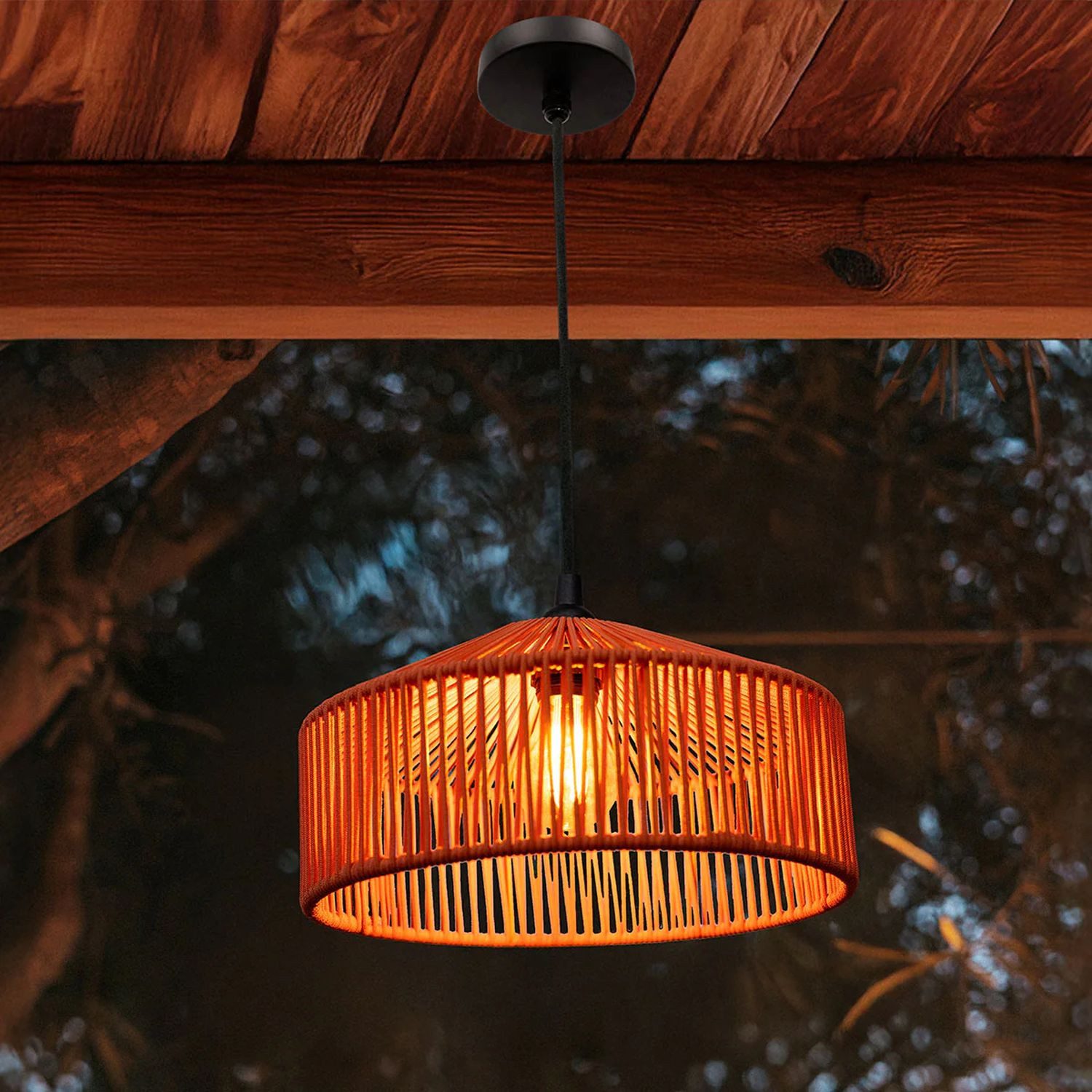 Licht-Erlebnisse Außen-Deckenleuchte JEJU, ohne Leuchtmittel, LED IP54 Ø 30 cm in Terracotta Seil Lampenschirm Boho außen Outdoor