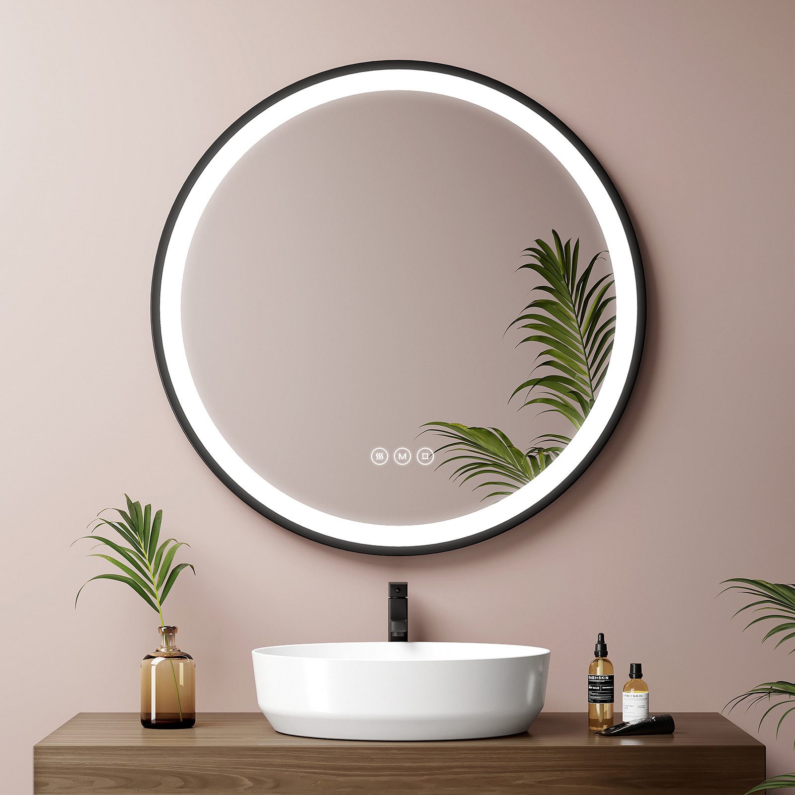 EMKE Badspiegel mit Beleuchtung Rund Badezimmerspiegel schwarzem Rahmen (50-80cm, Touchschalter), 3 Lichtfarben, dimmbar, Touch, Memory, mit Antibeschlag, IP44