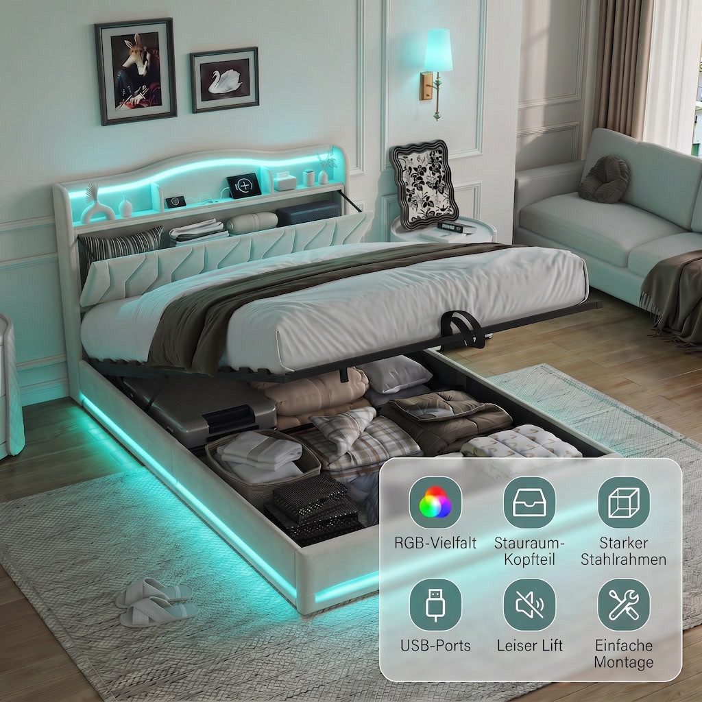 Gdood Stauraumbett Polsterbett LED Doppelbett (Inkl. Komforthöhe Lattenrost, Leises Design Bett), Mit Bettkasten, RGB Beleuchtung, Ladefunktion – Bild 2 von 5