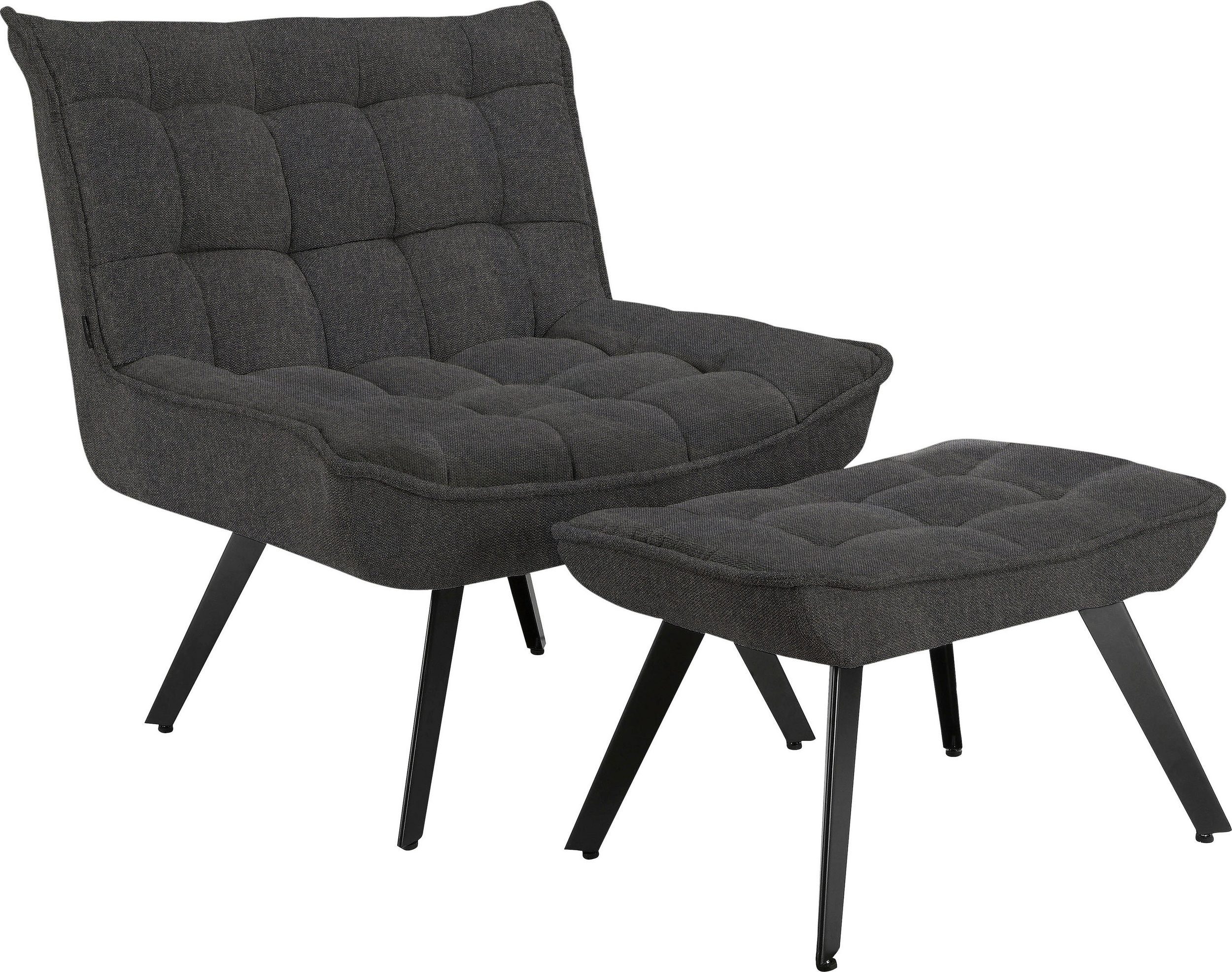 loft24 Loungesessel Ebony, mit Hocker, Webstoff Bezug mit Knopfheftung, Metallgestell anthrazit