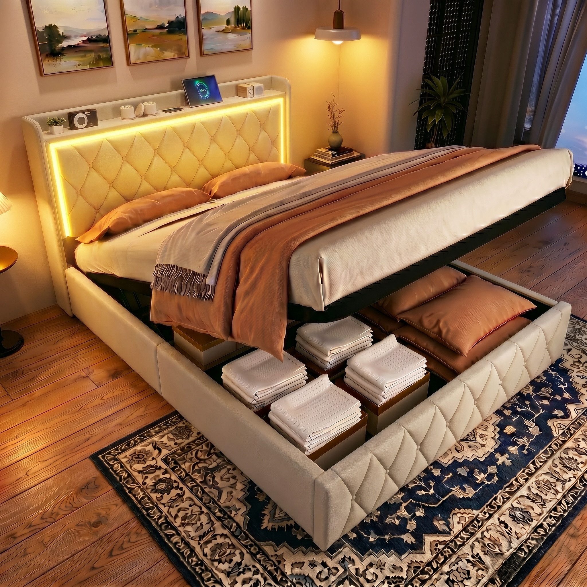 Furnishings Home Polsterbett Stauraumbett Doppelbett LED (1-tlg. Mit LED-Licht und USB C Ladefunktion, Hydraulisch anhebbarer Bettstauraum), Mit LED-Beleuchtung, Ladefunktion, Lattenrost, Samt, 160x200 cm