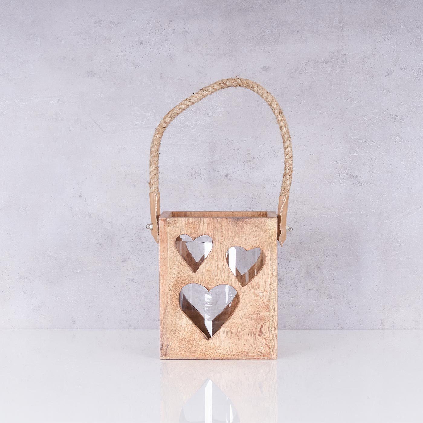 Levandeo® Teelichthalter, Windlicht Herz 15x18x15cm Braun Mangoholz Laterne Glas Teelichthalter