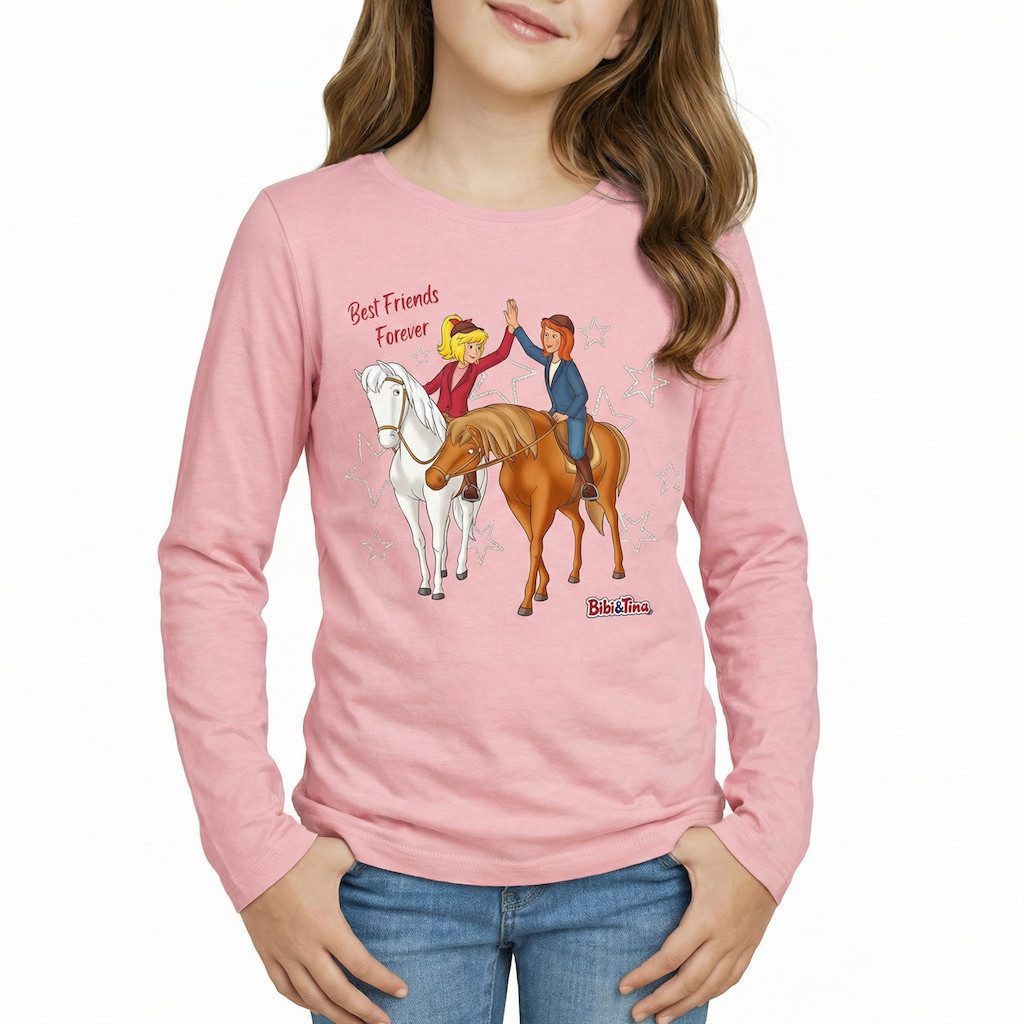 Bibi & Tina Langarmshirt Langarmshirt Mädchen rosa mit Pferdemotiv Baumwolle mit Glitzer-Sternen