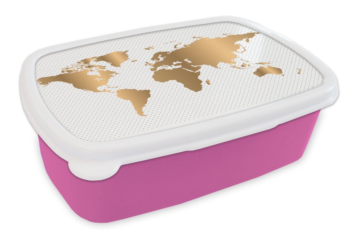 MuchoWow Lunchbox Weltkarte - Gold - Pünktchen - Kinder - Jungen - Mädchen, Kunststoff, (2-tlg), Brotbox für Erwachsene, Brotdose Kinder, Snackbox, Mädchen, Kunststoff rosa