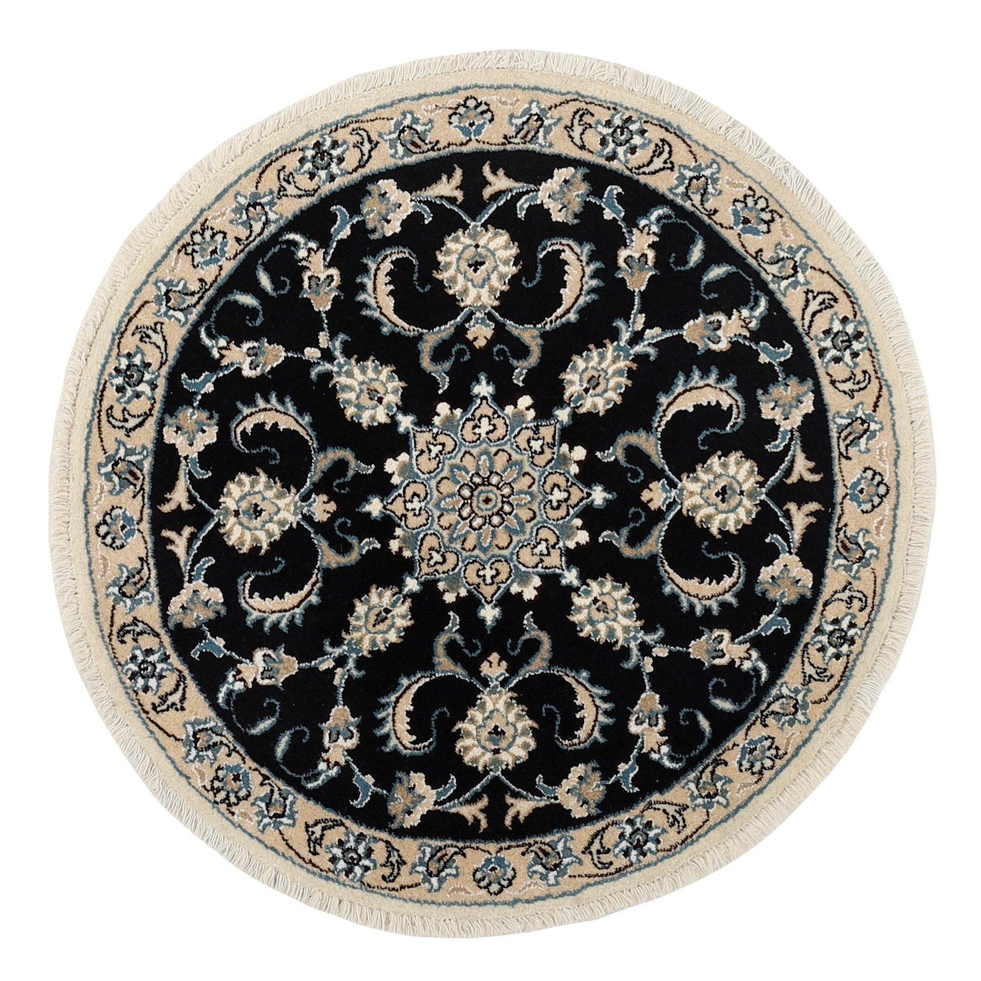 Wohnando Teppich MY-RUG Perserteppich Nain Kashmar Medaillondesign dunkelblau 100x100cm, Rund, Höhe: 12 mm, Handgeknüpfter Teppich,Handgesponnene Wolle, mit Naturfarben gegärbt