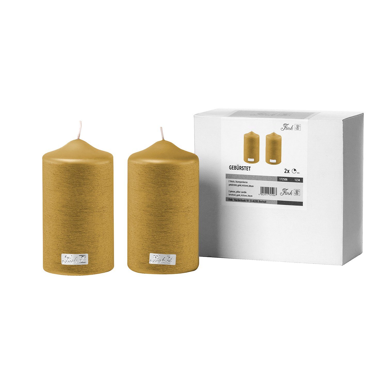 Fink Stumpenkerze CANDLE 2er Set Stumpenkerzen - gold - Paraffin - H. 15cm x B. 8cm (Dicke Kerzen - Großkerzen), Säulenkerzen Blockkerzen Zylinderkerzen - Elegante Standkerzen