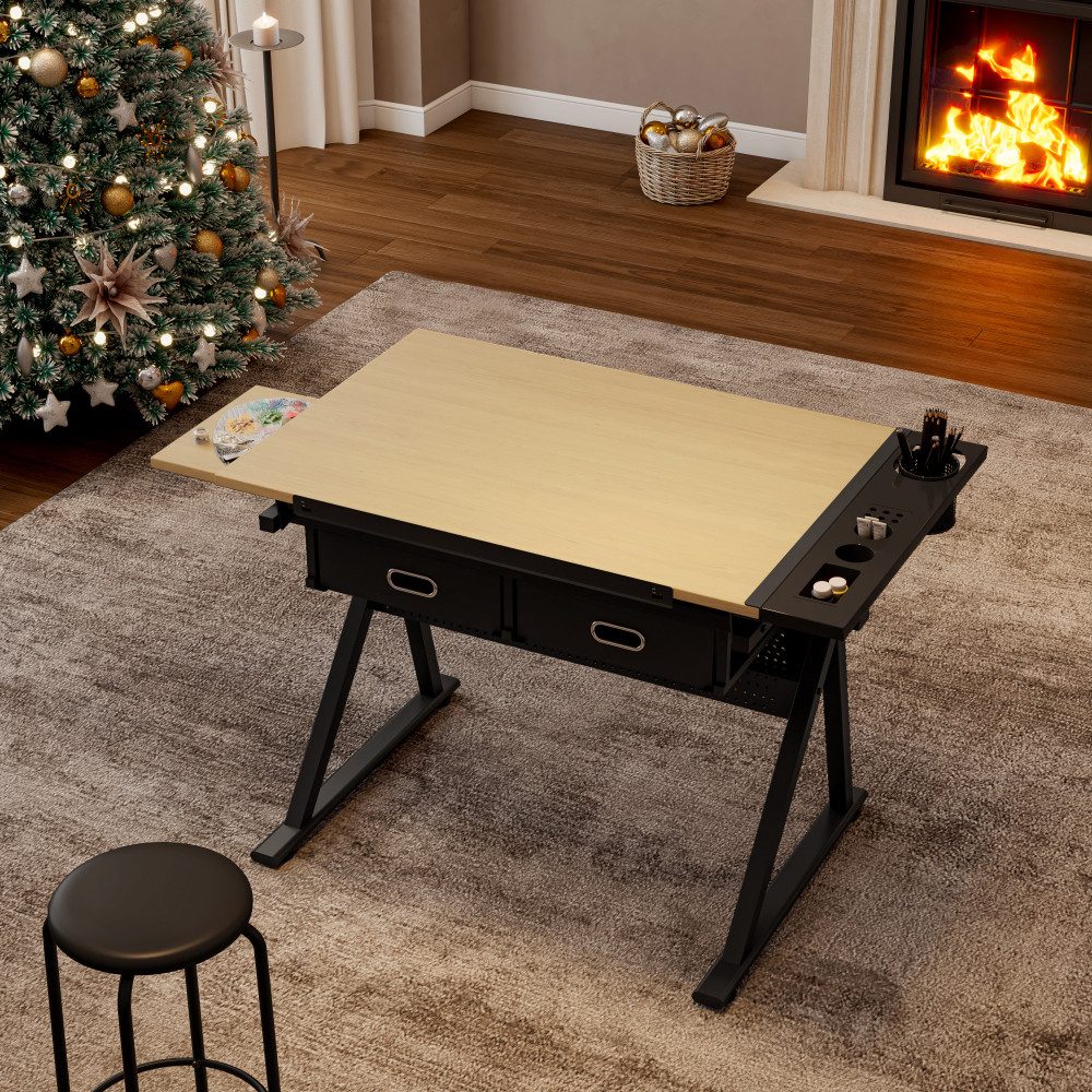 BBWL Zeichentisch mit 2 Schubladen MDF Holz Schreibtisch inkl Hocker, Zeichentisch höhenverstellbar für Home Office Schule – Bild 5 von 5