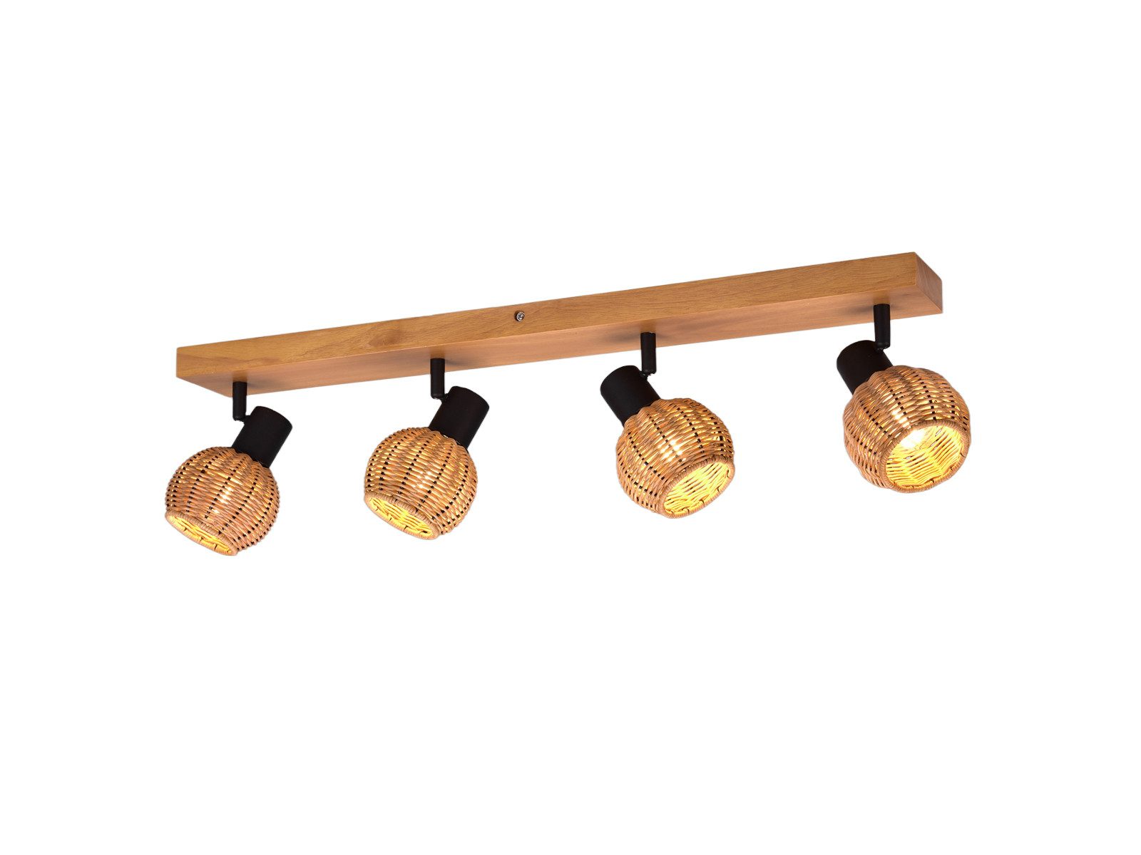 meineWunschleuchte Deckenstrahler Rattan-Lampe mit Holz, Breite 70cm, ohne Leuchtmittel, Innen Deckenleuchte, Korblampe skandinavisch mit 4 Strahler, Holzlampe