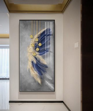 TPFLiving Kunstdruck (OHNE RAHMEN) Poster - Leinwand - Wandbild, Nordic Art - Blaue und goldene Federn - Bilder Wohnzimmer - (5 Motive in 4 verschiedenen Größen zur Auswahl), Farben: Blau, Gold - Größe: 40x80cm