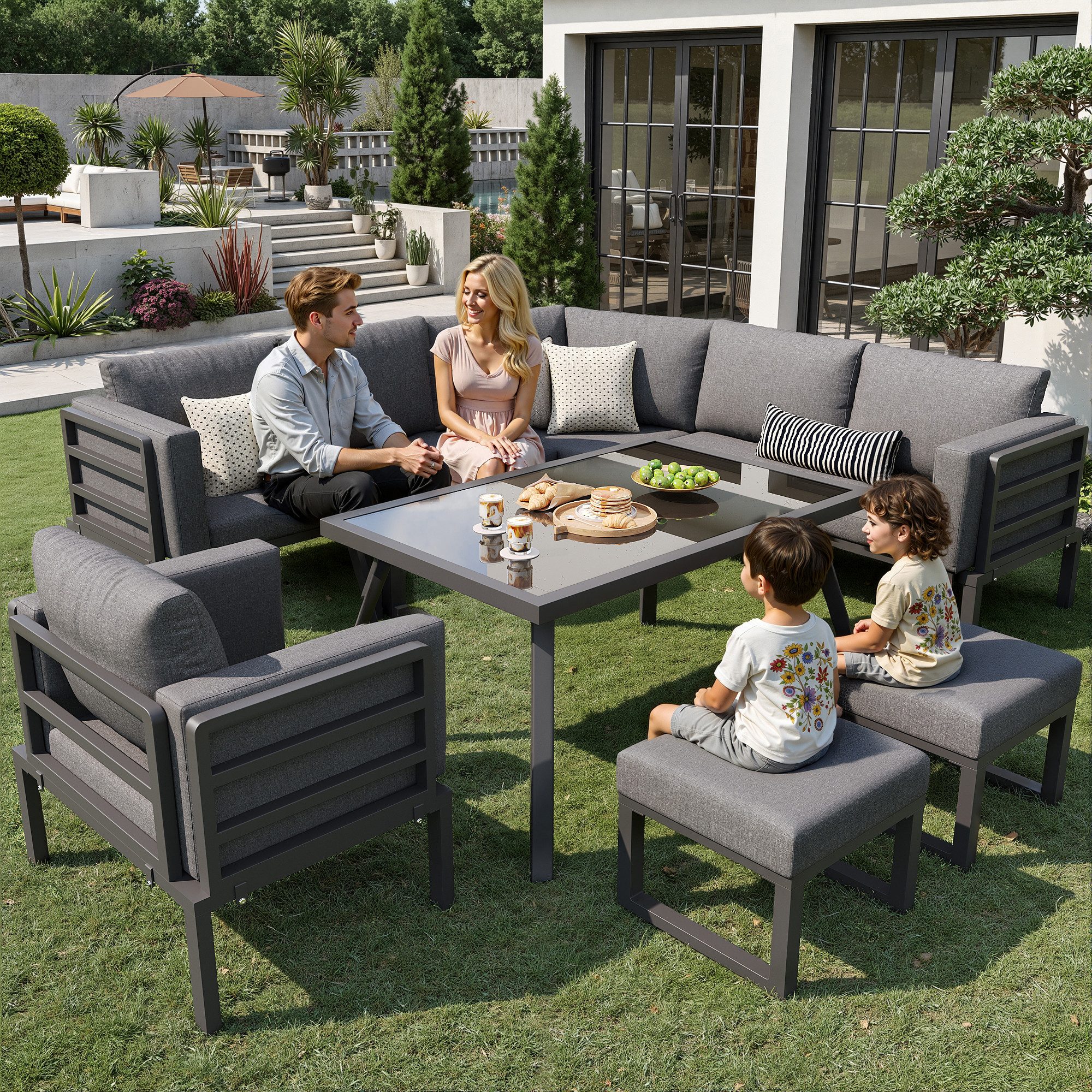 i@home Gartenlounge-Set, (6-tlg), für 8 Personen mit grauen Polstern,mit Glastisch, 1 Sessel & 2 Hockern