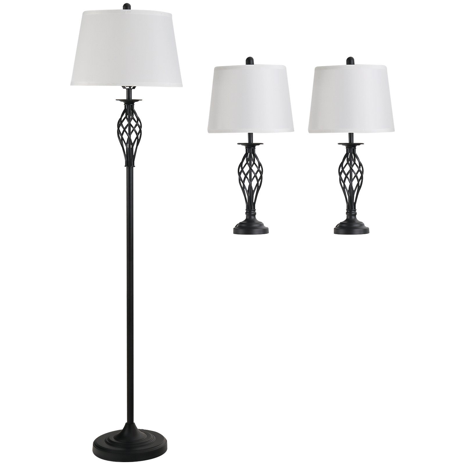 HOMCOM Stehlampe 3er-Lampenset 2 Tischlampe + 1 Stehlampe, Metall, PS, Polyester, Baumwolle, Vintage, Schwarz+Weiß