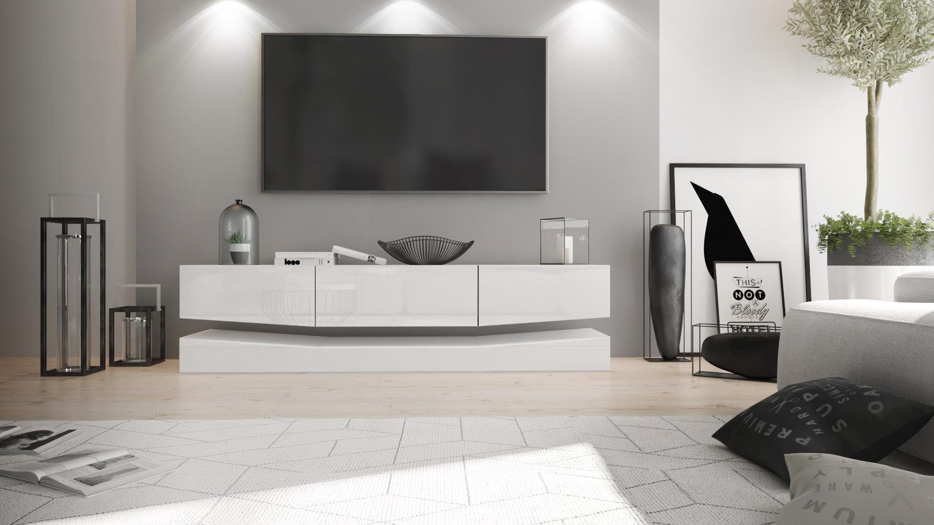 Vladon Lowboard City (TV-Kommode mit Sockelelement, 1 offenem Fach und 3 Schubkästen), Weiß matt/Weiß Hochglanz (178 x variabel x 39 cm)