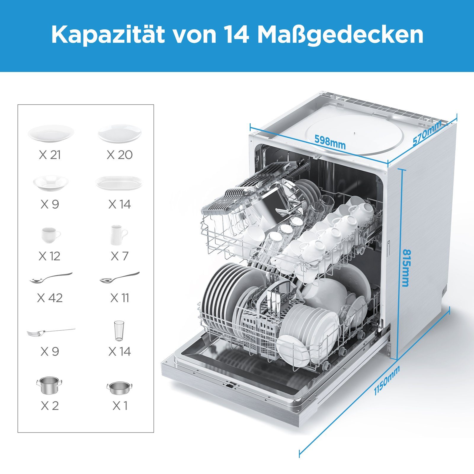 Midea Unterbaugeschirrspüler MDWEU1435XSS-W, 14 Maßgedecke, Unterbau-Geschirrspüler mit WiFi, Extra Trocknung