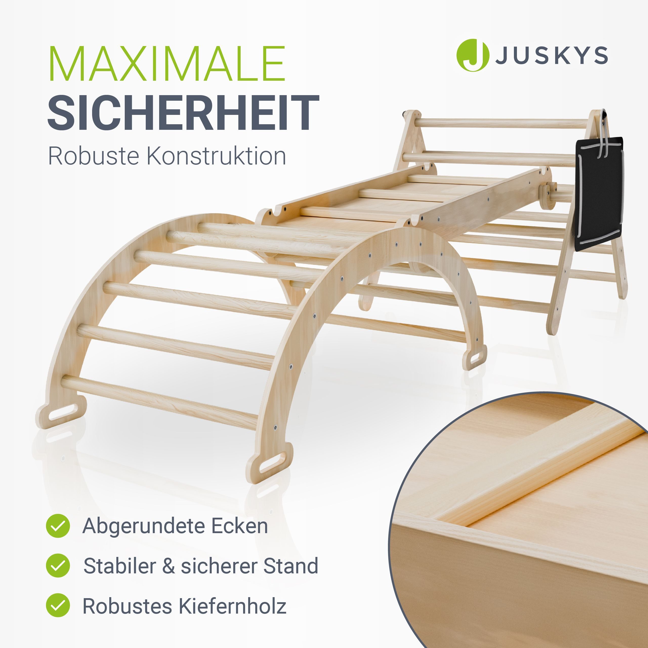 Juskys Klettergerüst Movario Klein, (4-St), Indoor Kletterdreieck, Kletterbogen mit Kissen, Rutsche, Tafel