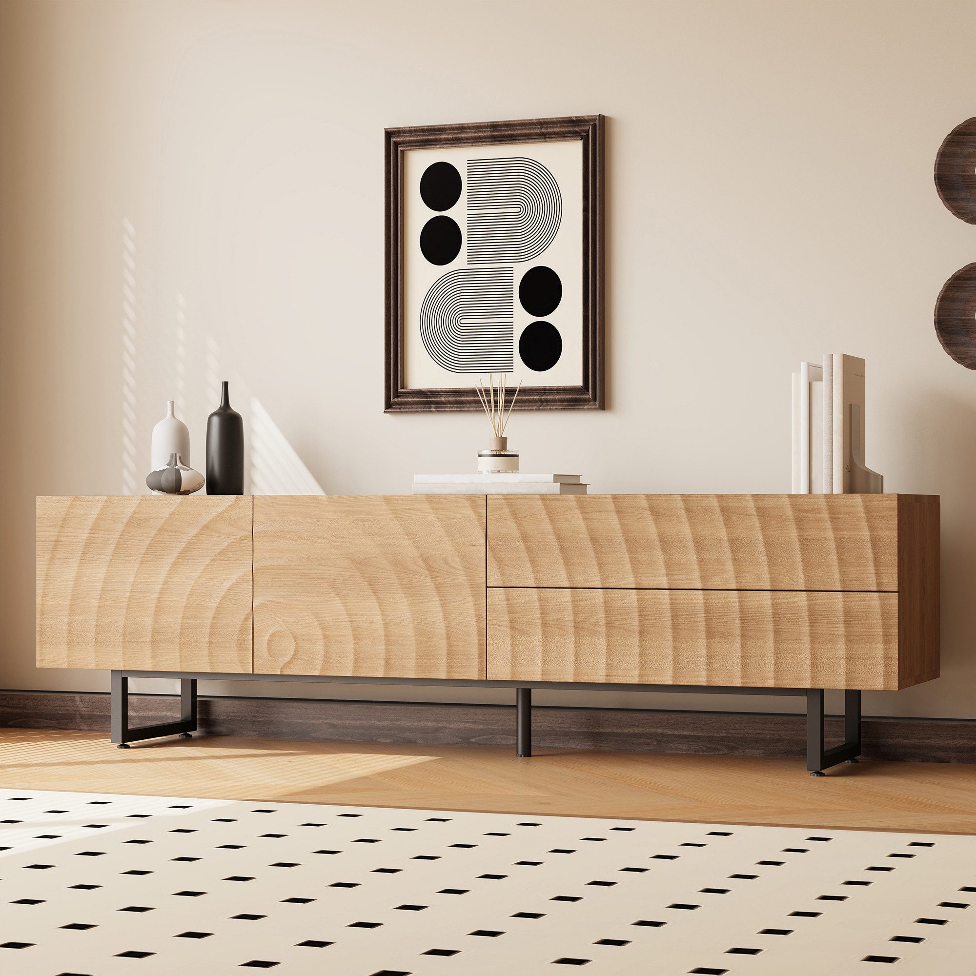 Merax Lowboard mit Metallbeine und 3D Wellenfront in Holzoptik (1 St), TV-Schrank mit 2 grifflose Türen,2 Schubladen & Stauraum,180x38x51.5cm