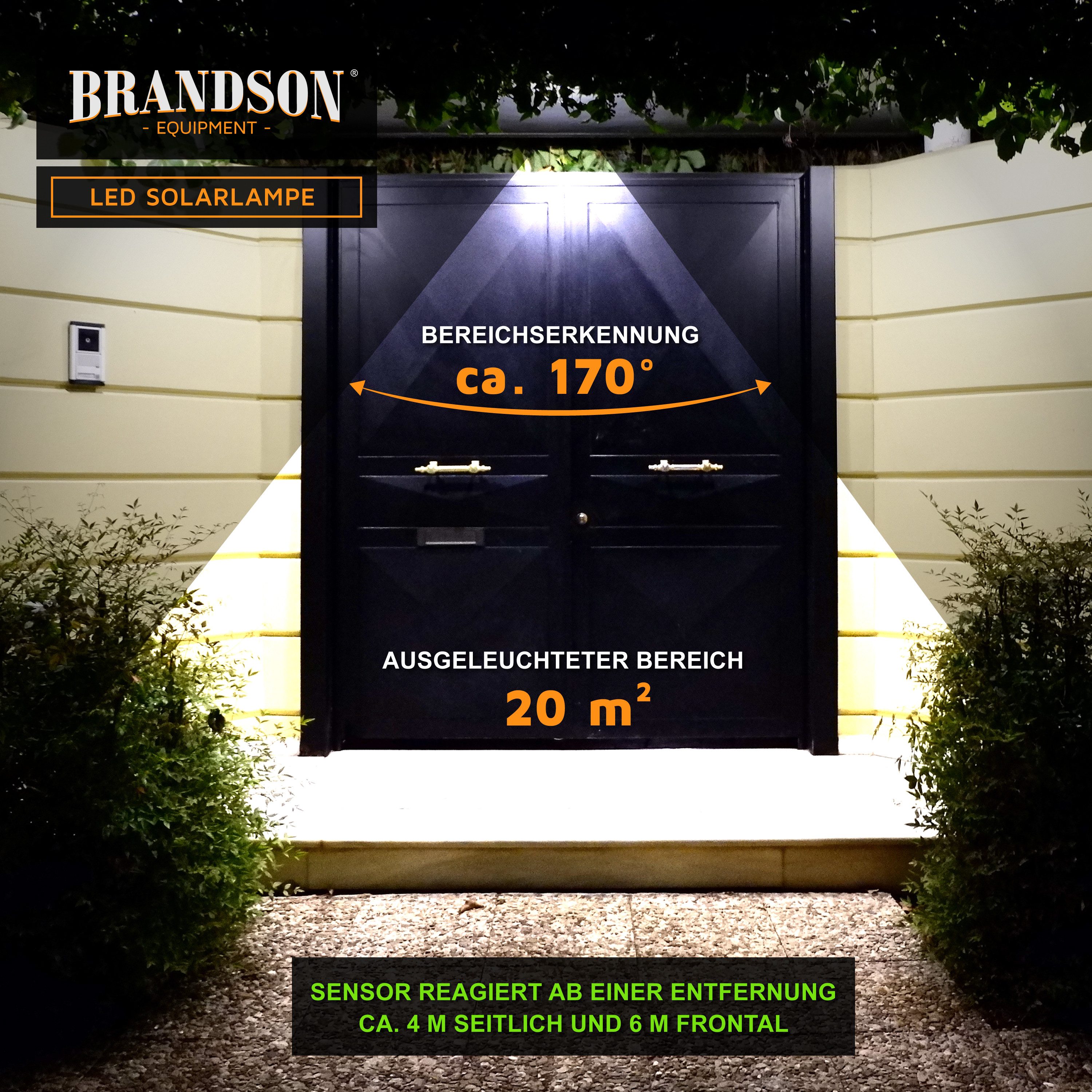 Brandson LED Solarleuchte Solar Sicherheits-/Außenlampe, 84 SMD LEDs, PIR-Sensor, 3 CCT, IP54, Ein-/Ausschalter; Nachtlichtfunktion; mehrere Helligkeitsstufen, LED fest integriert, Extra-Warmweiß, Neutralweiß, Kaltweiß, 1500 mAh Akku, Solarpanel, 280 Lumen, wetterfest, für Außenmontage