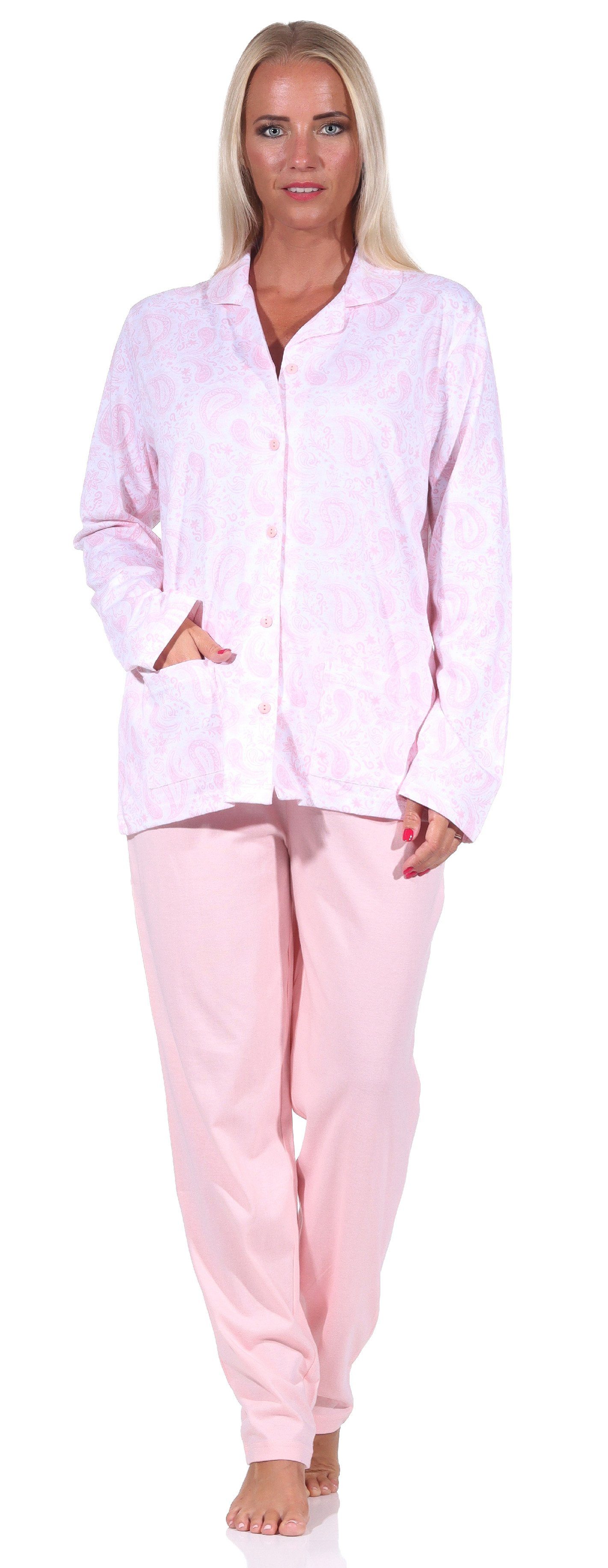 Damen Pyjama durchknöpfen Qualität Pyjama in zum rosa Jersey Normann Single langarm