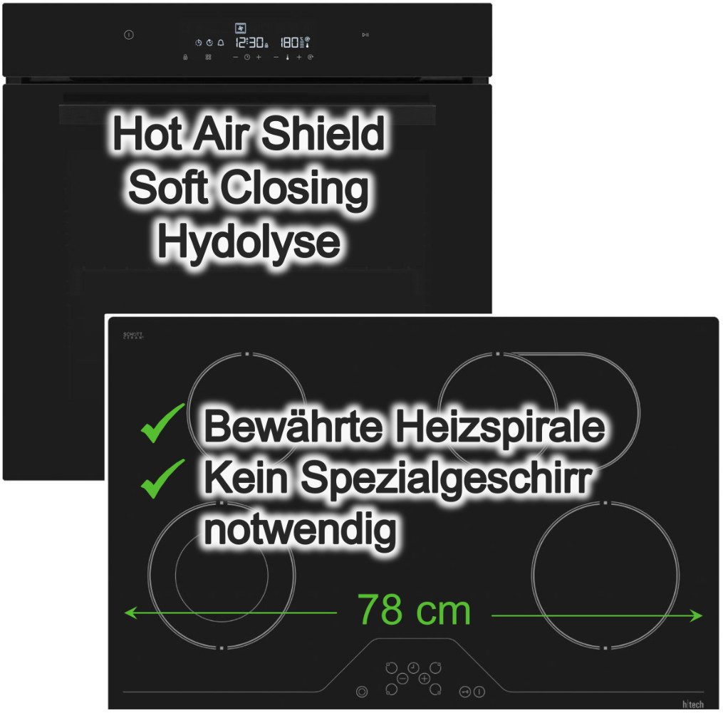 Daewoo Backofen-Set Schwarz Hydrolyse SoftClose mit Glaskeramikkochfeld 78 cm Bräterzone, mit Nachrüstbar, Hydrolyse