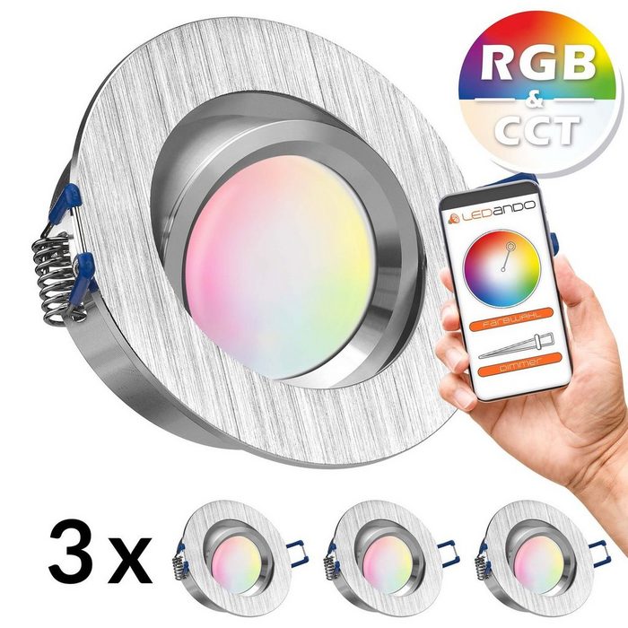 LEDANDO LED Einbaustrahler 3er RGB - CCT LED Einbaustrahler Set extra flach in aluminium gebürstet mit 5W Leuchtmittel von LEDANDO- 16 Mio. Farben + Warmweiß bis Kaltweiß - rund