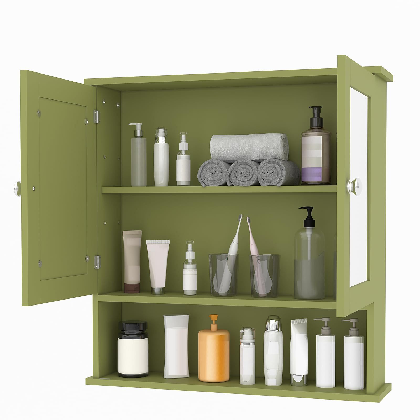 GarveeMore Badezimmerspiegelschrank mit 2 Tür, 1 offenes + 2 versteckte Fächer verstellbarem Boden, Magnetschnapper, grün/weiß – Bild 2 von 5