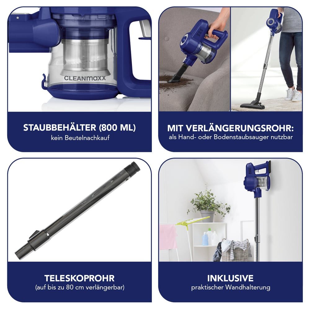 CLEANmaxx Akku-Hand-und Stielstaubsauger Zyklon Staubsauger blau / silber, 120 W, beutellos, beutellos, starker Akku