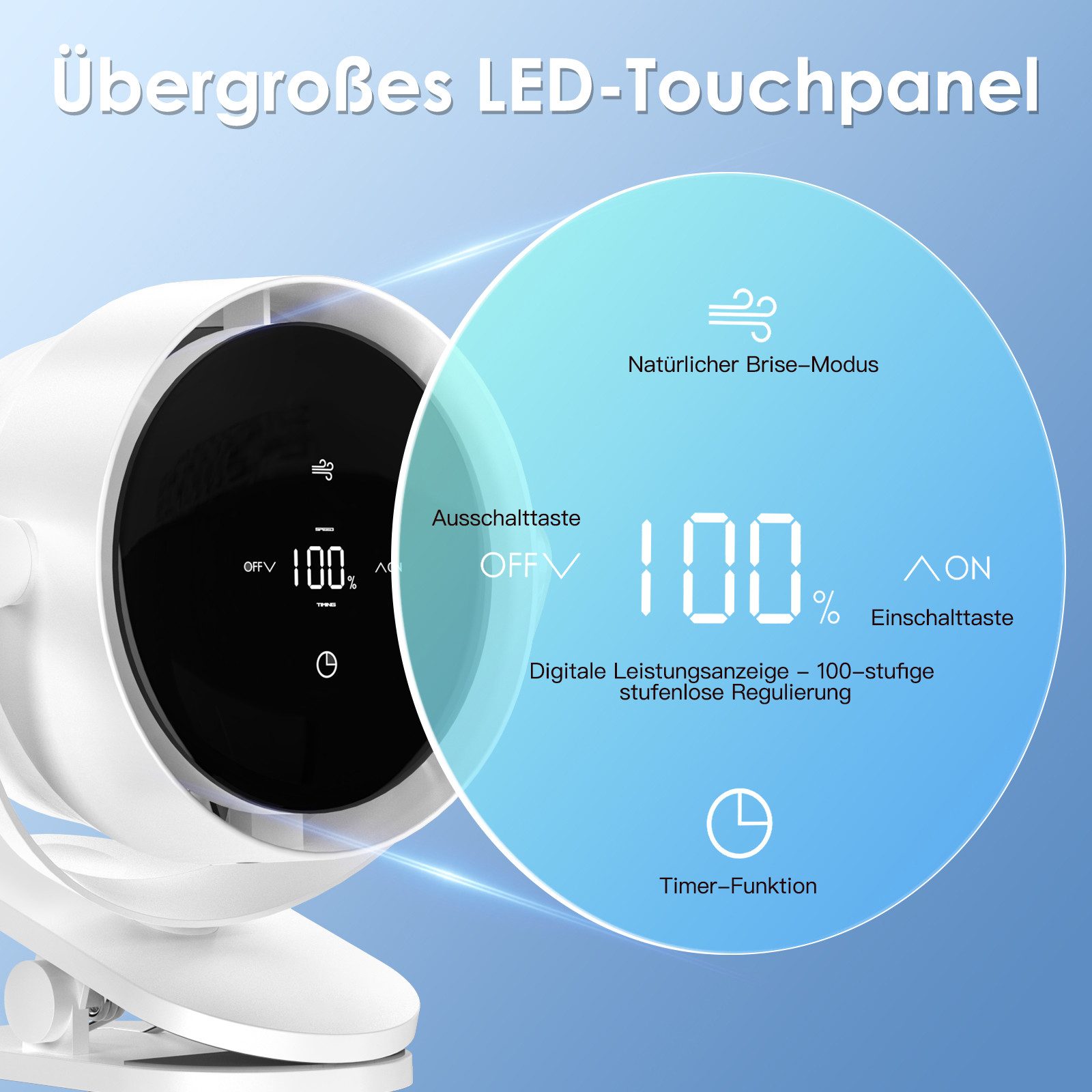 Quntis Mini USB-Ventilator 360° Tischventilator Drehung Tragbarer Clip Ventilator Timer, mit 4000mAh Akku, LED-Display für Büro, Reisen & Outdoor Timer