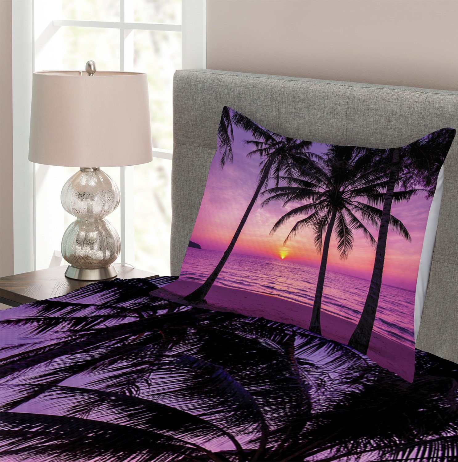 Tagesdecke Set Kissenbezügen Palmen mit Waschbar, Baum Lila Silhouette Abakuhaus