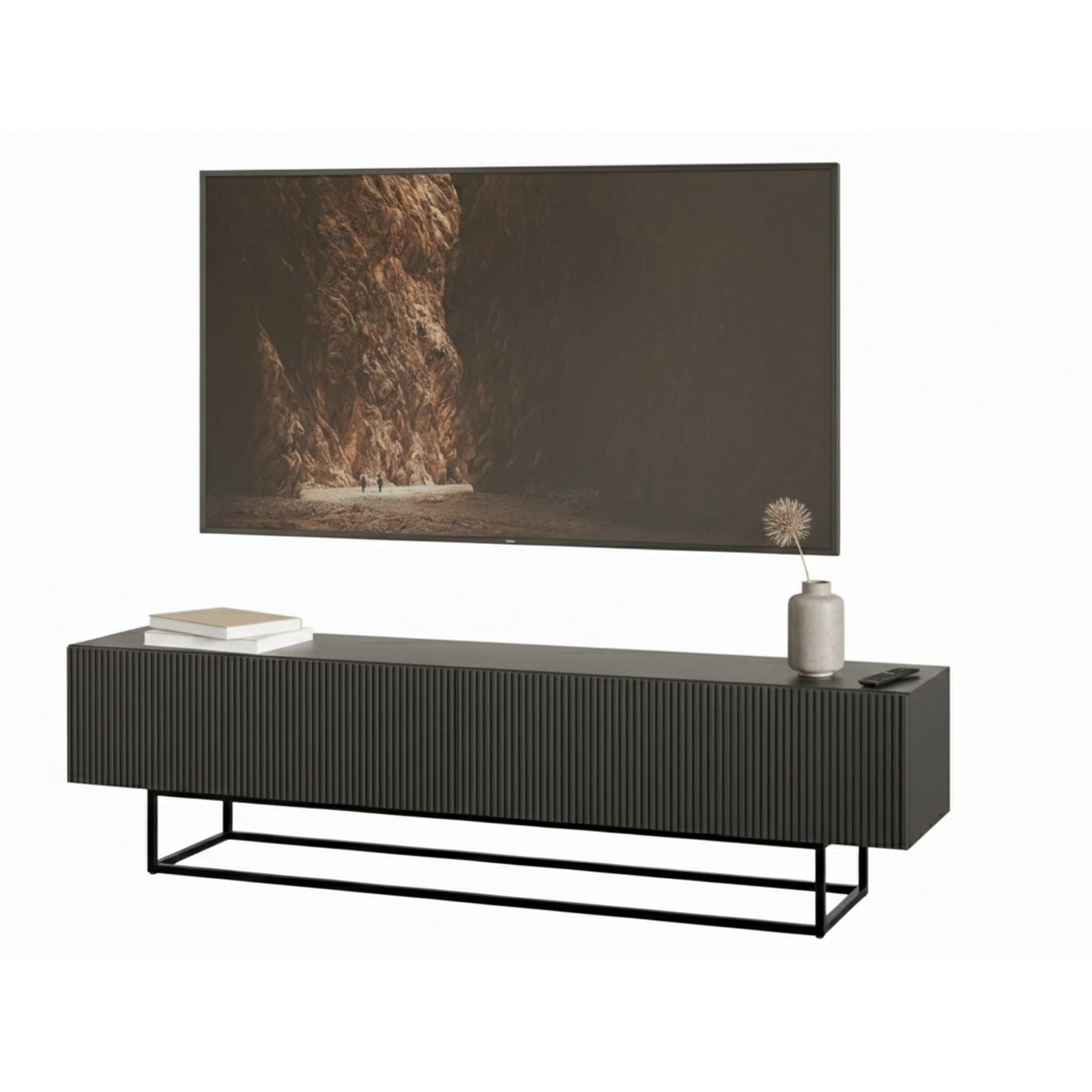 Selsey TV-Schrank VELDIO TV-Lowboard 175 cm – Riffelfronten und Metallgestell in Schwarz
