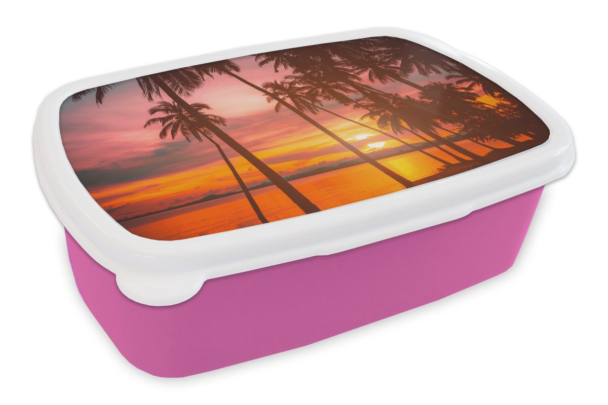 MuchoWow Lunchbox Meer - Palme - Sonnenuntergang - Strand - Silhouette, Kunststoff, (2-tlg), Brotbox für Erwachsene, Brotdose Kinder, Snackbox, Mädchen, Kunststoff rosa