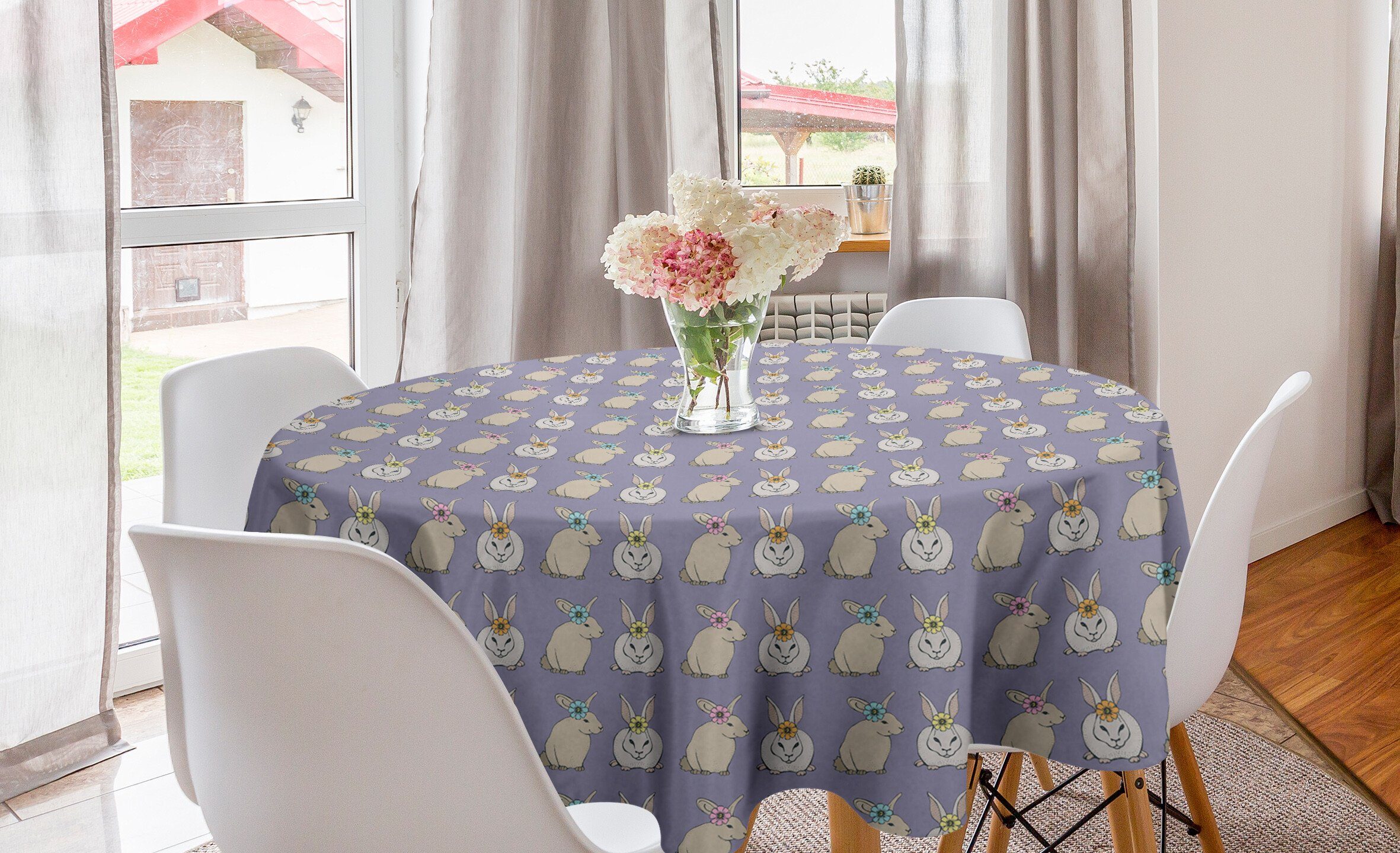 Abakuhaus Tischdecke Kreis Tischdecke Abdeckung für Esszimmer Küche Dekoration, Hase Hasen und Blumen auf Kopf
