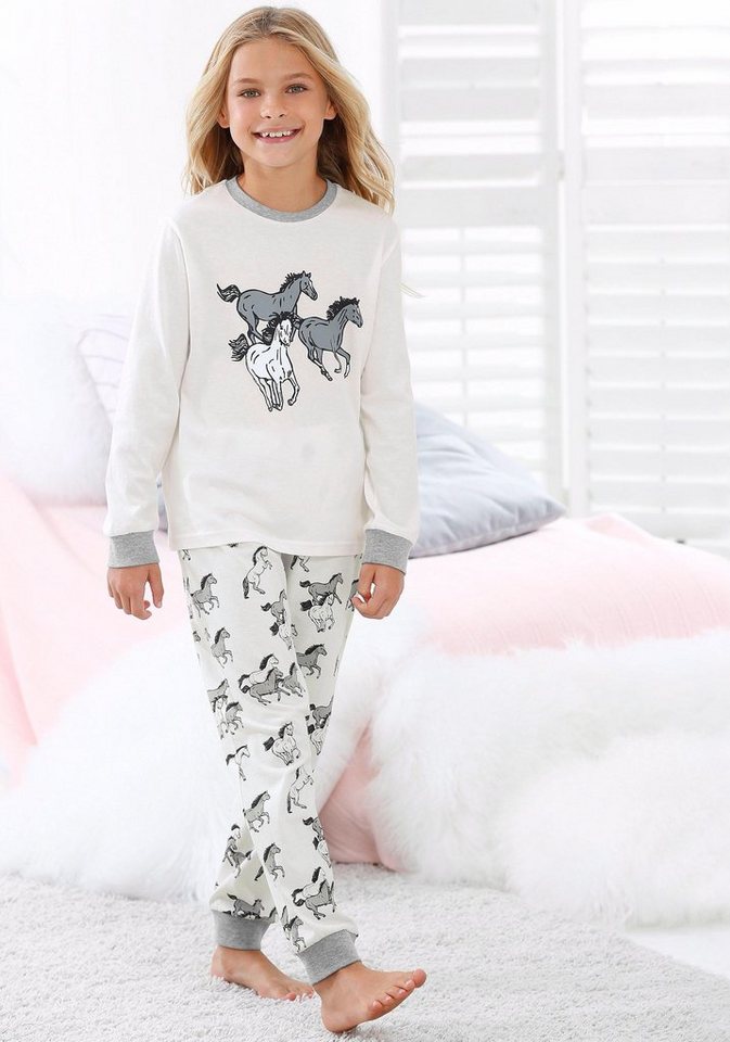 petite fleur mädchen pyjama lang mit pferde print | otto
