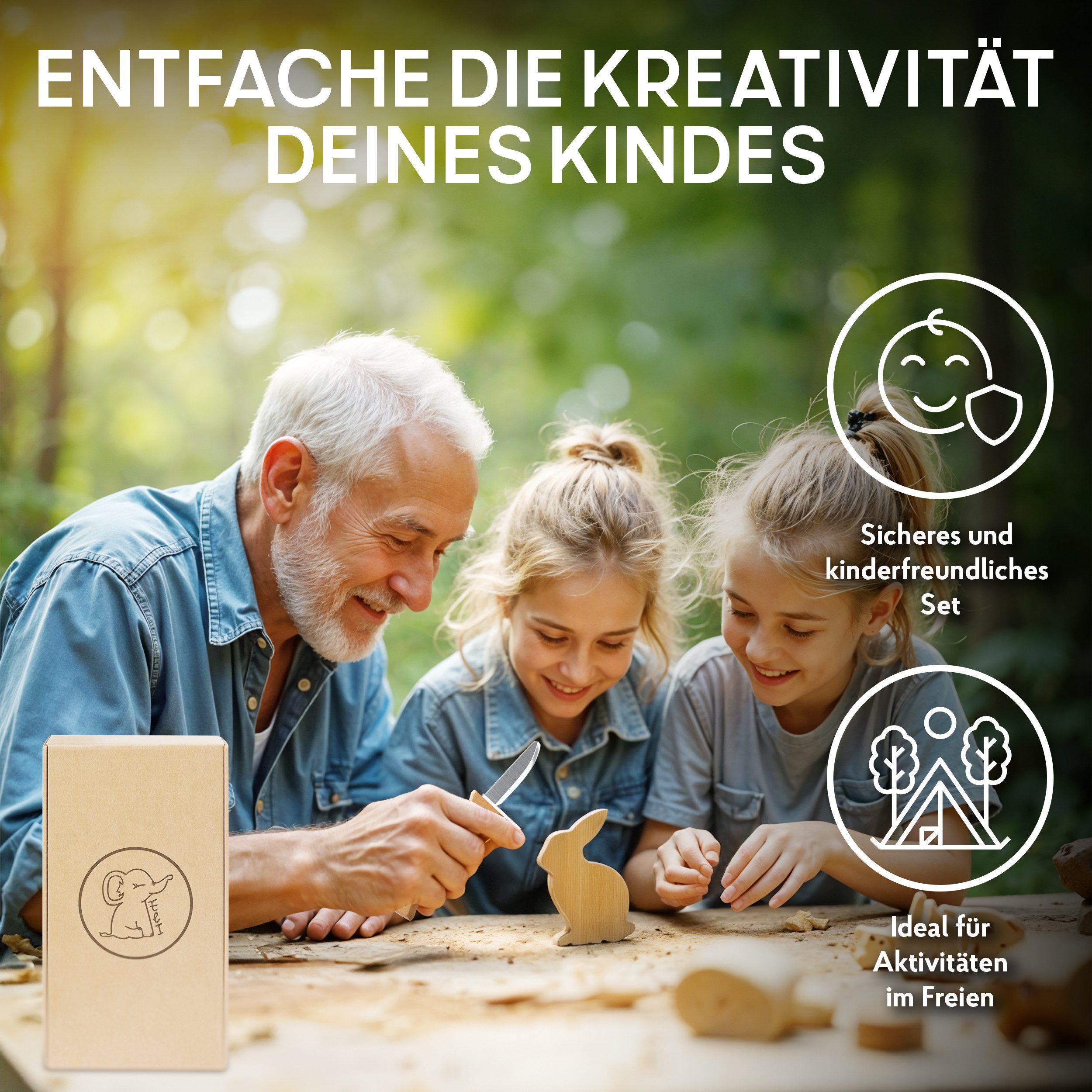 Eli Taschenmesser Schnitzmesser Kinder - Kindermesser mit Filztasche Kindertaschenmesser, (Schnitzwerkzeug - Outdoor Messer, 3 St., Kinderschnitzmesser - Griffe aus Buchenholz), inkl. schnittfeste Handschuhe - Beidhändig - rostfreier Stahl