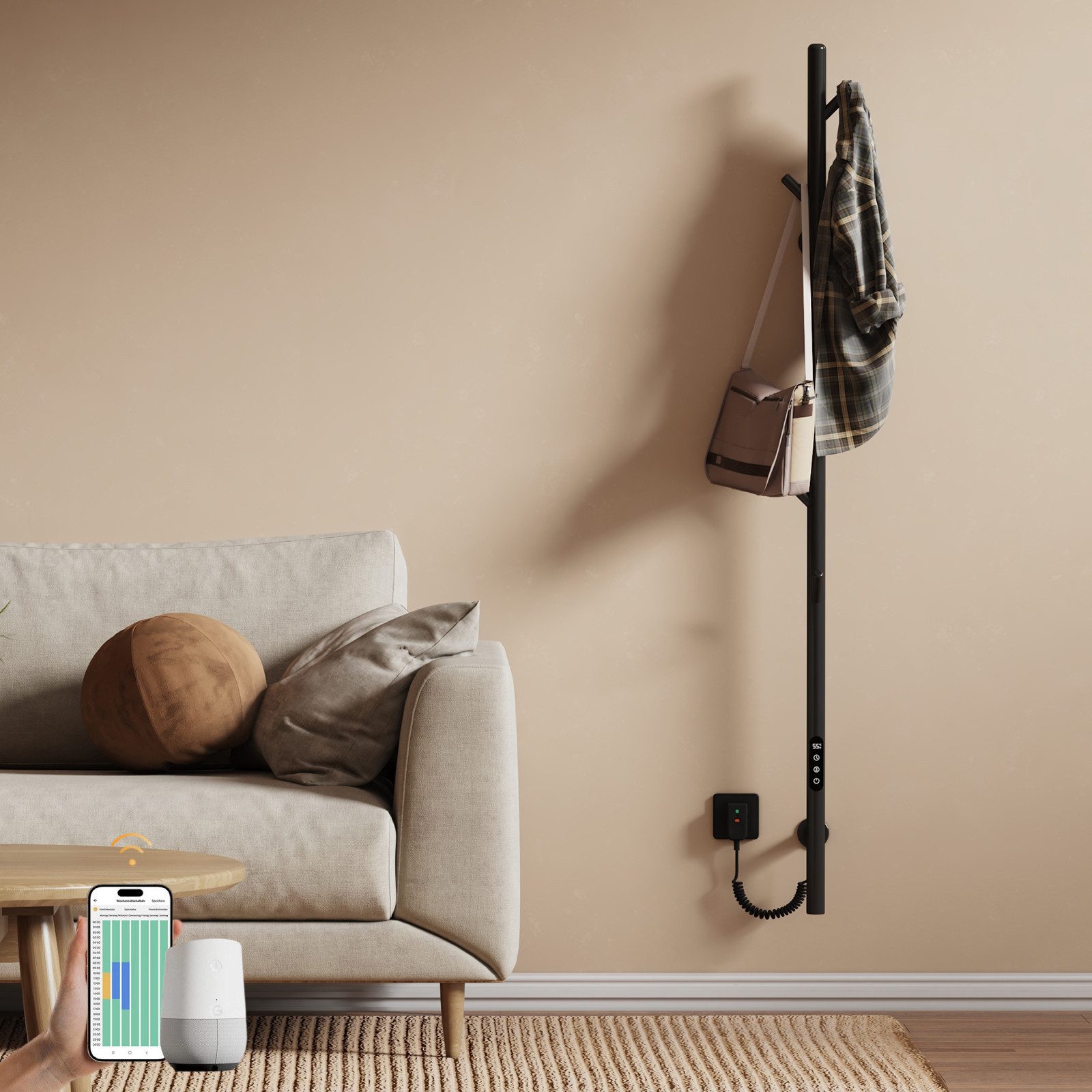 EMKE Elektrischer Badheizkörper Elektrischer Handtuchheizkörper Designheizkörper mit Smart / WLAN /App, Handtuchtrockner Timer für Badezimmer Flur 150 cm hoch, schwarz