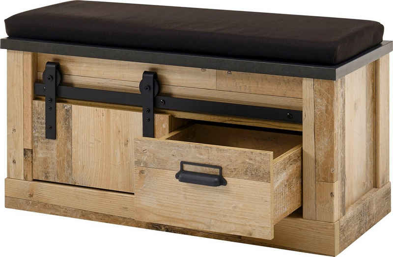 Home affaire Sitzbank SHERWOOD, modernes Holz Dekor, mit Scheunentorbeschlag aus Metall, Breite 93 cm