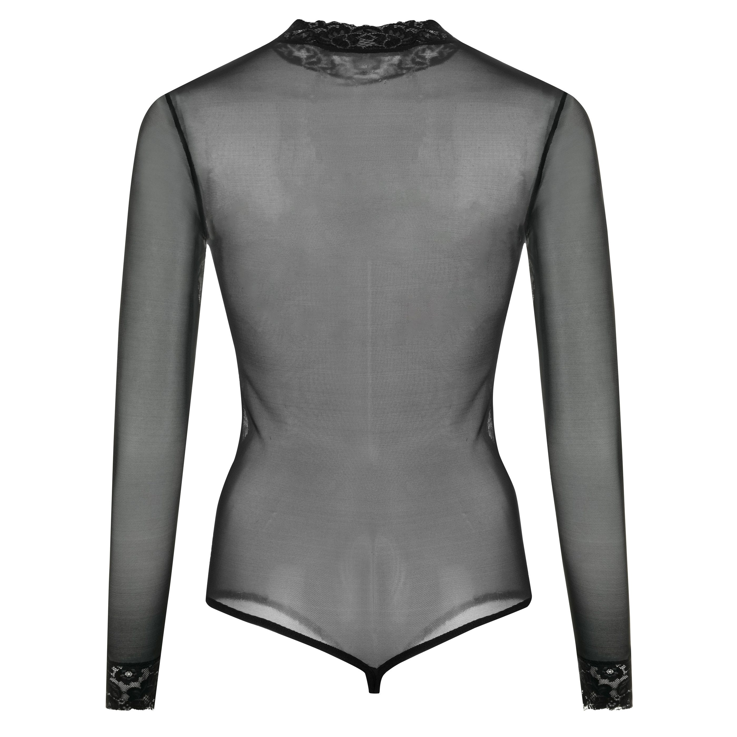 Evoni Body Damen Langarmbody Stringbody Spitzenkragen Tüll