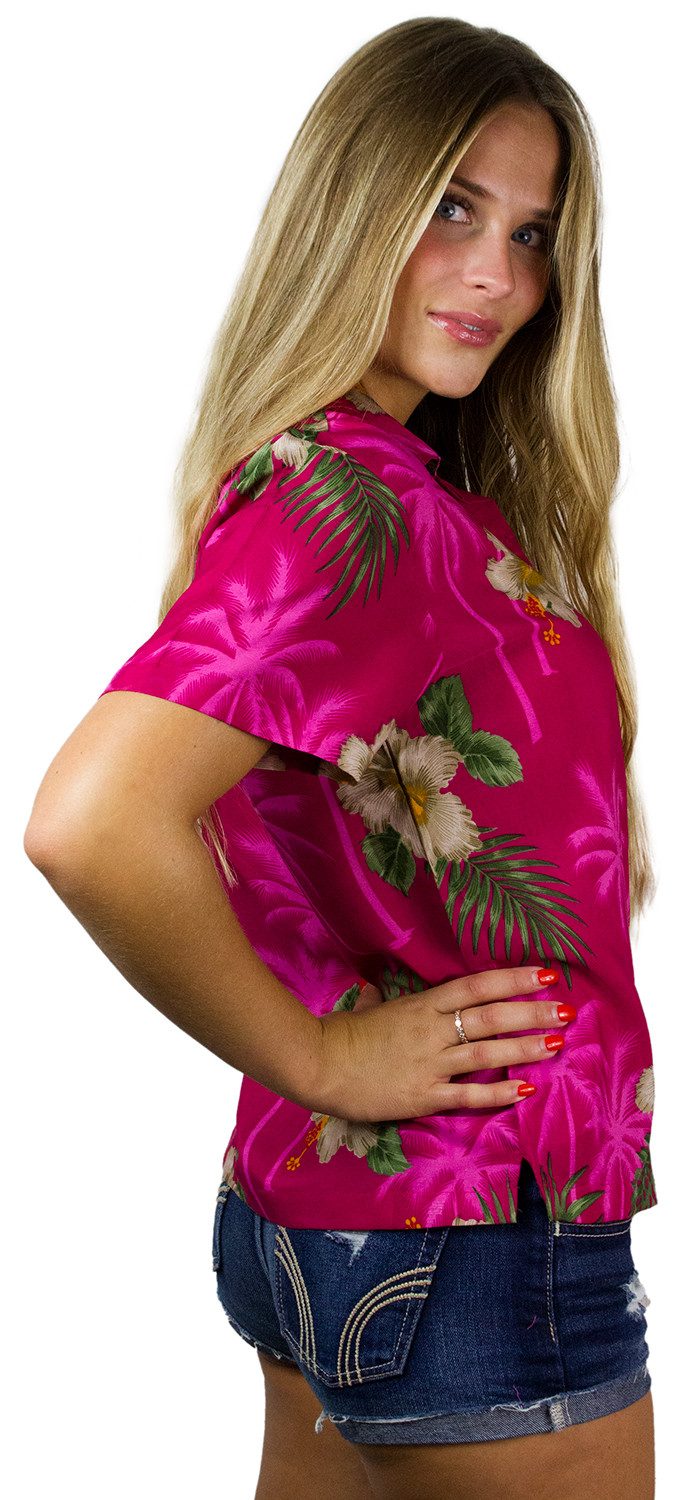 King Kameha Hawaiihemd Small Flower Funky Hawaiibluse Damen Kurzarm Front-Tasche Stylish