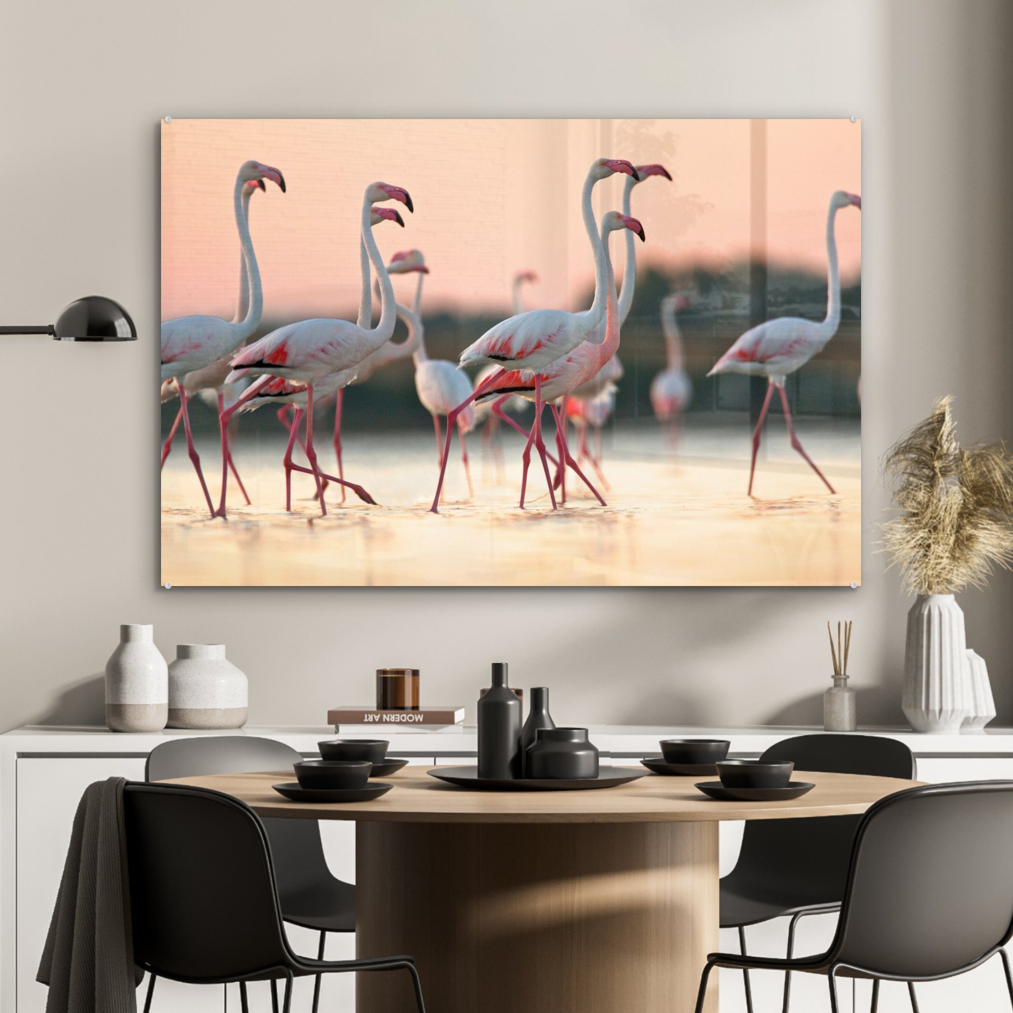 MuchoWow Acrylglasbild Gruppe von Flamingos Italien, (1 in Wohnzimmer bei Schlafzimmer Acrylglasbilder St), Sonnenuntergang &