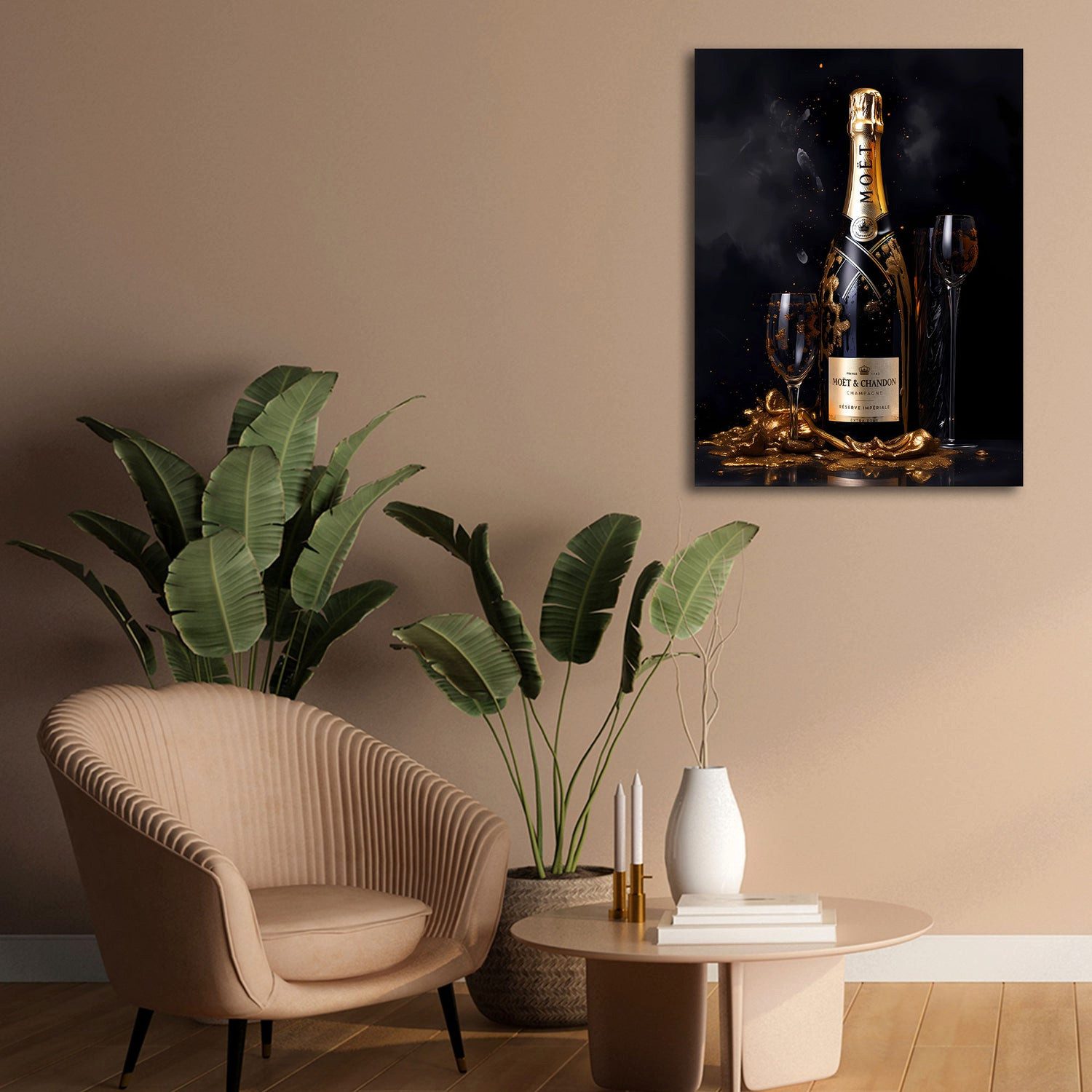 Artedinoi Leinwandbild Champagner Flasche Gold Luxus Leinwandbild Wandbild Kunstdruck XL Deko, Goldene Champagnerflasche