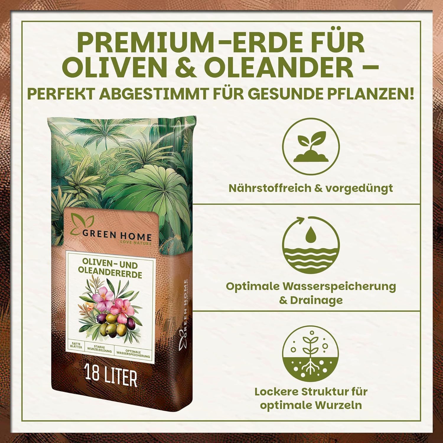 GREEN HOME LOVE NATURE Spezialerde Olivenbaum- & Oleandererde für mediterrane Pflanzen, Langzeitdünger 18 L, 36 L, 72 L, Langzeitdünger, Perlite, Kokosfasern, p – Bild 2 von 5