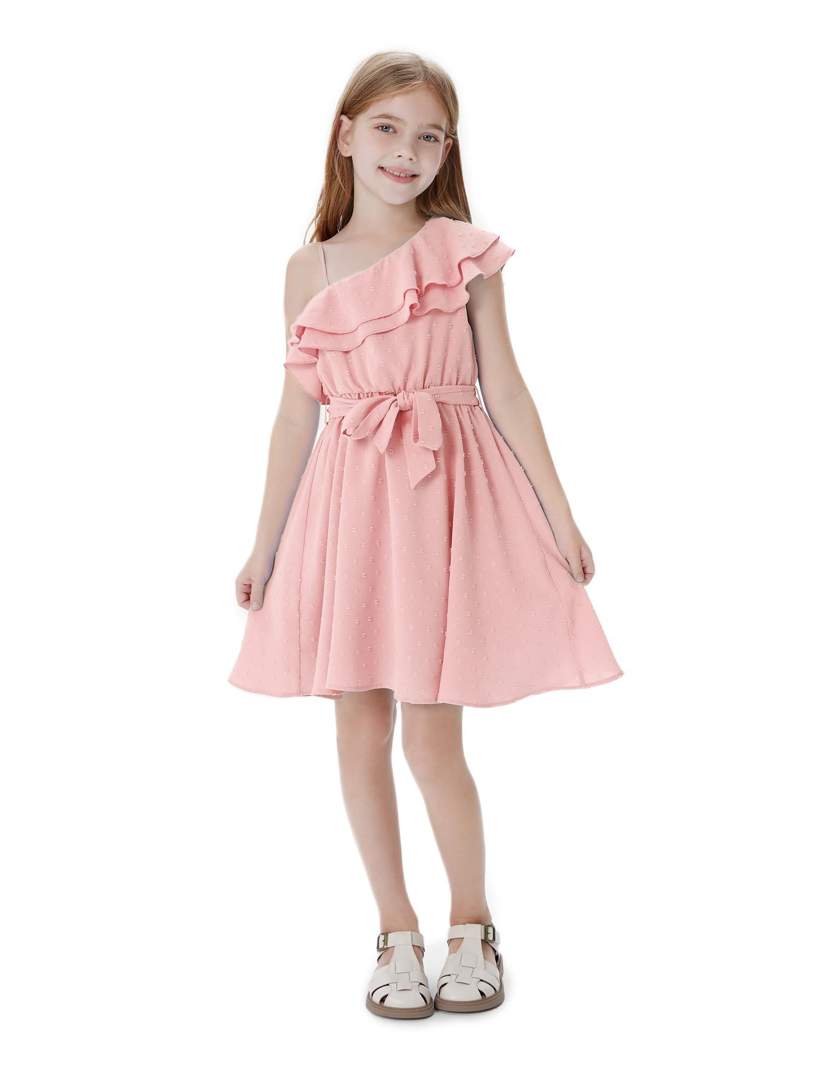 YI One-Shoulder-Kleid Mädchen Rosa Eine-Schulter Kleid,A-Linien Prinzessin Sommerkleid