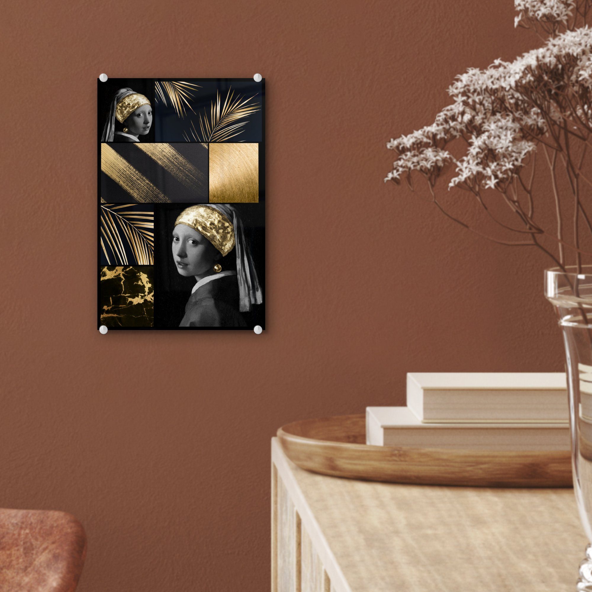 Wandbild Bilder (1 auf Foto - Wanddekoration - MuchoWow Glasbilder - - Perlenohrring, - St), Schwarz Gold Glas auf Collage Acrylglasbild Mädchen Glas mit -