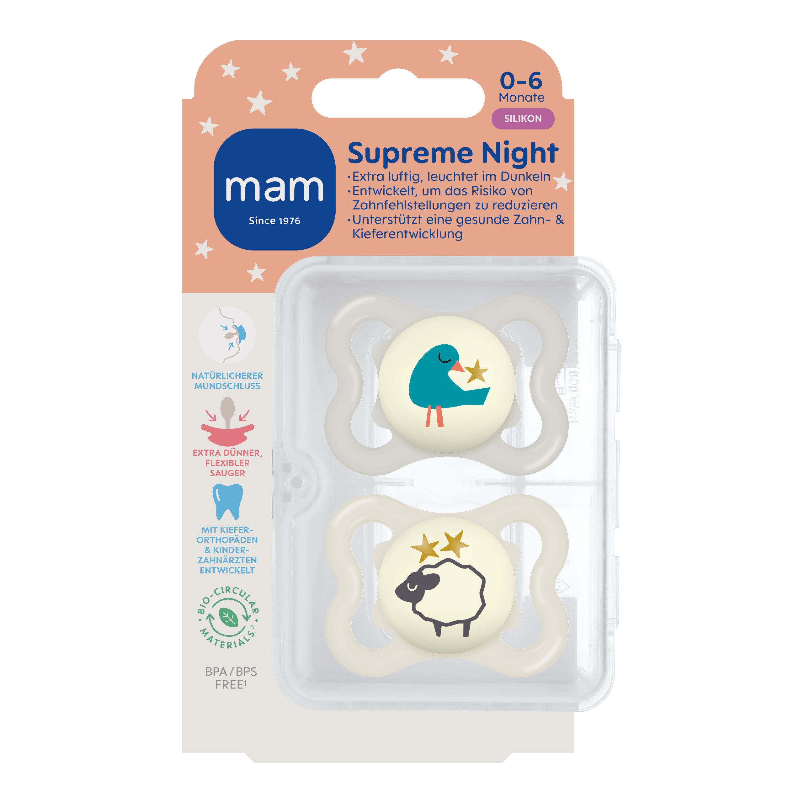 MAM Schnuller Supreme Night Silikon Leuchtschnuller Symmetrisch, Extra dünner Symmetrischer Sauger