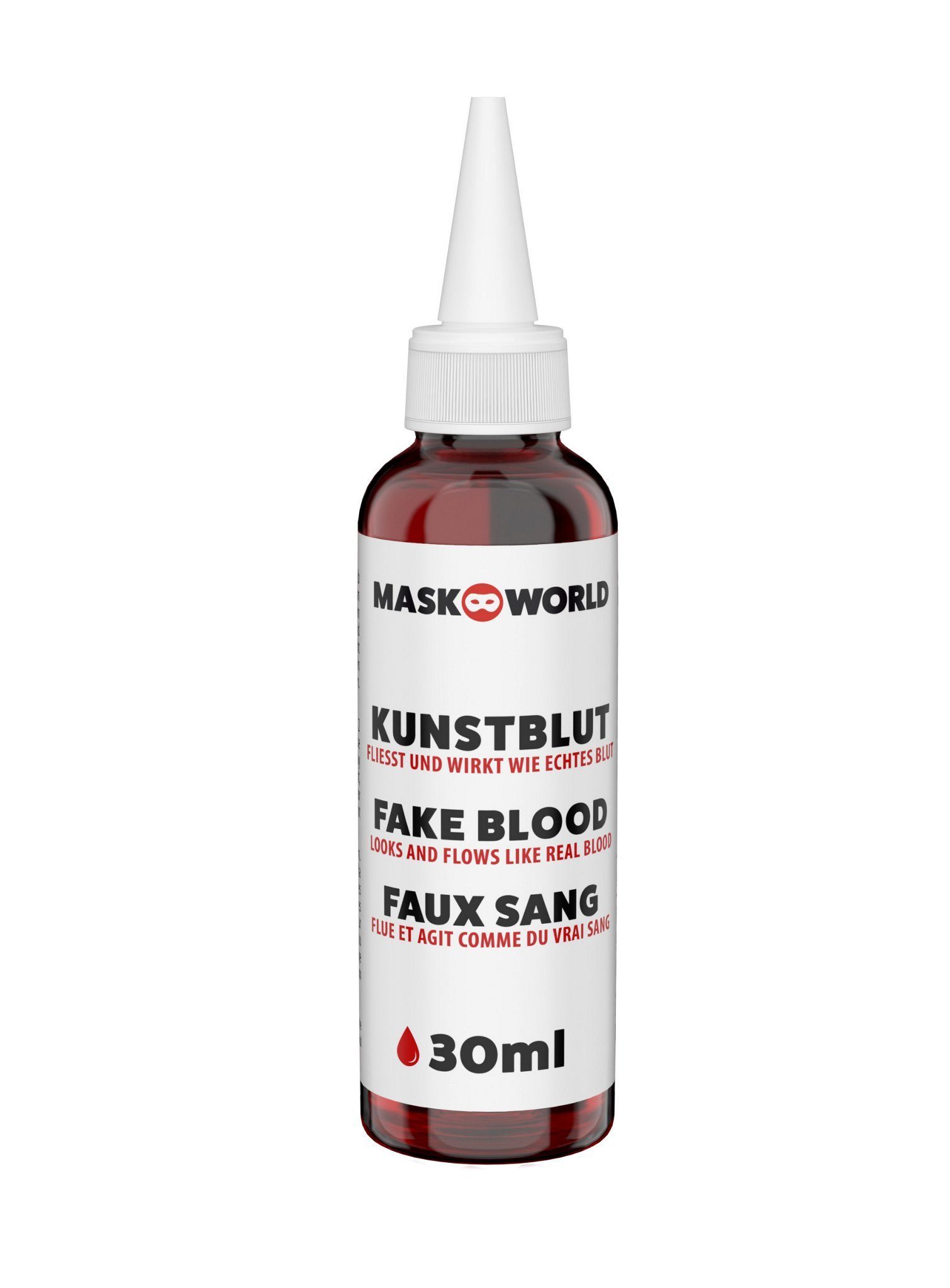 Maskworld Theaterschminke Kunstblut Flasche mit Dosierspitze 30 ml / 50 ml / (30-tlg), Fließt und wirkt wie echtes Blut – ideal für eine punktgenaue Anwe